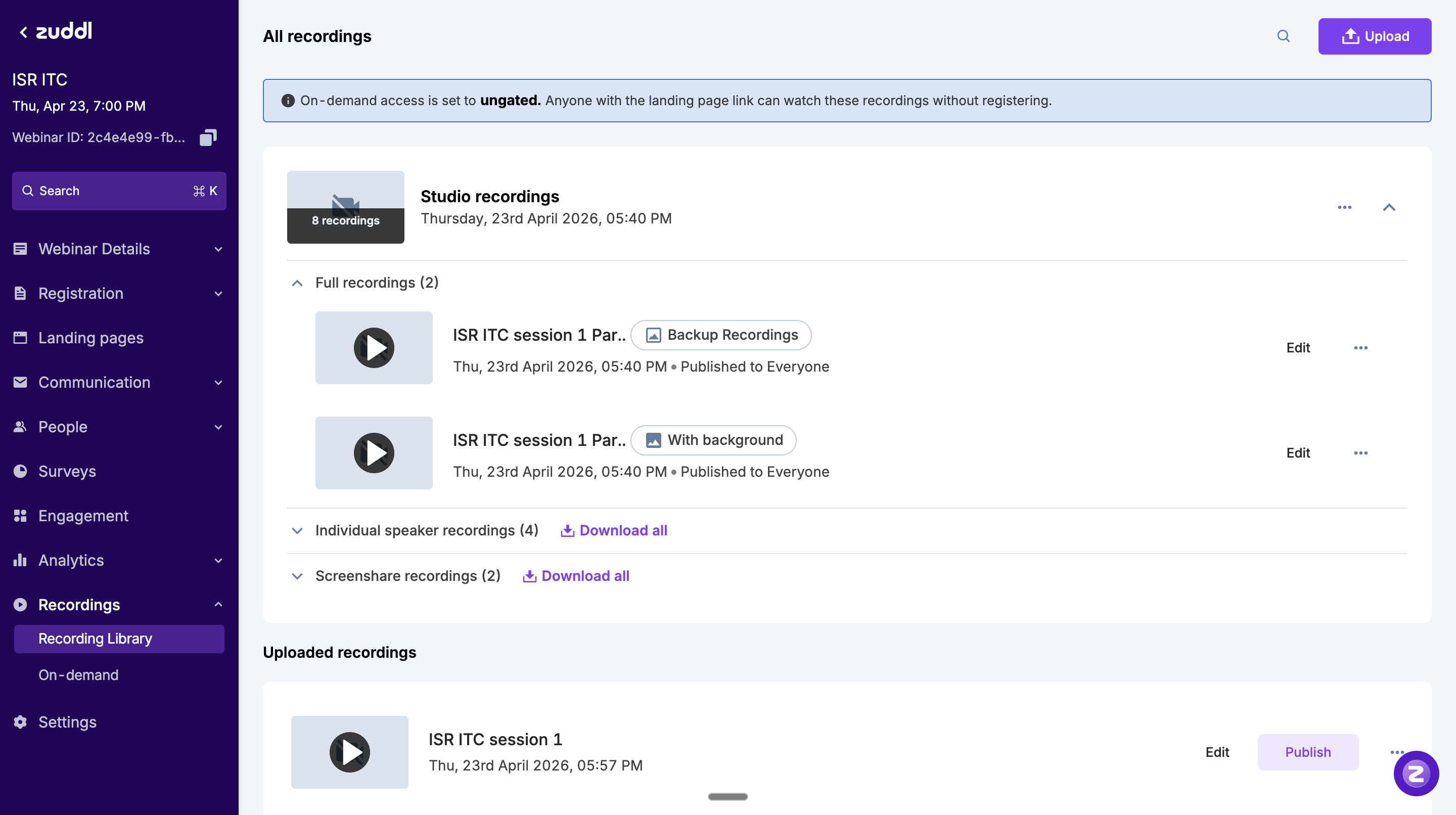 Recording Library showing full recordings, individual speaker recordings, and screenshare recordings
