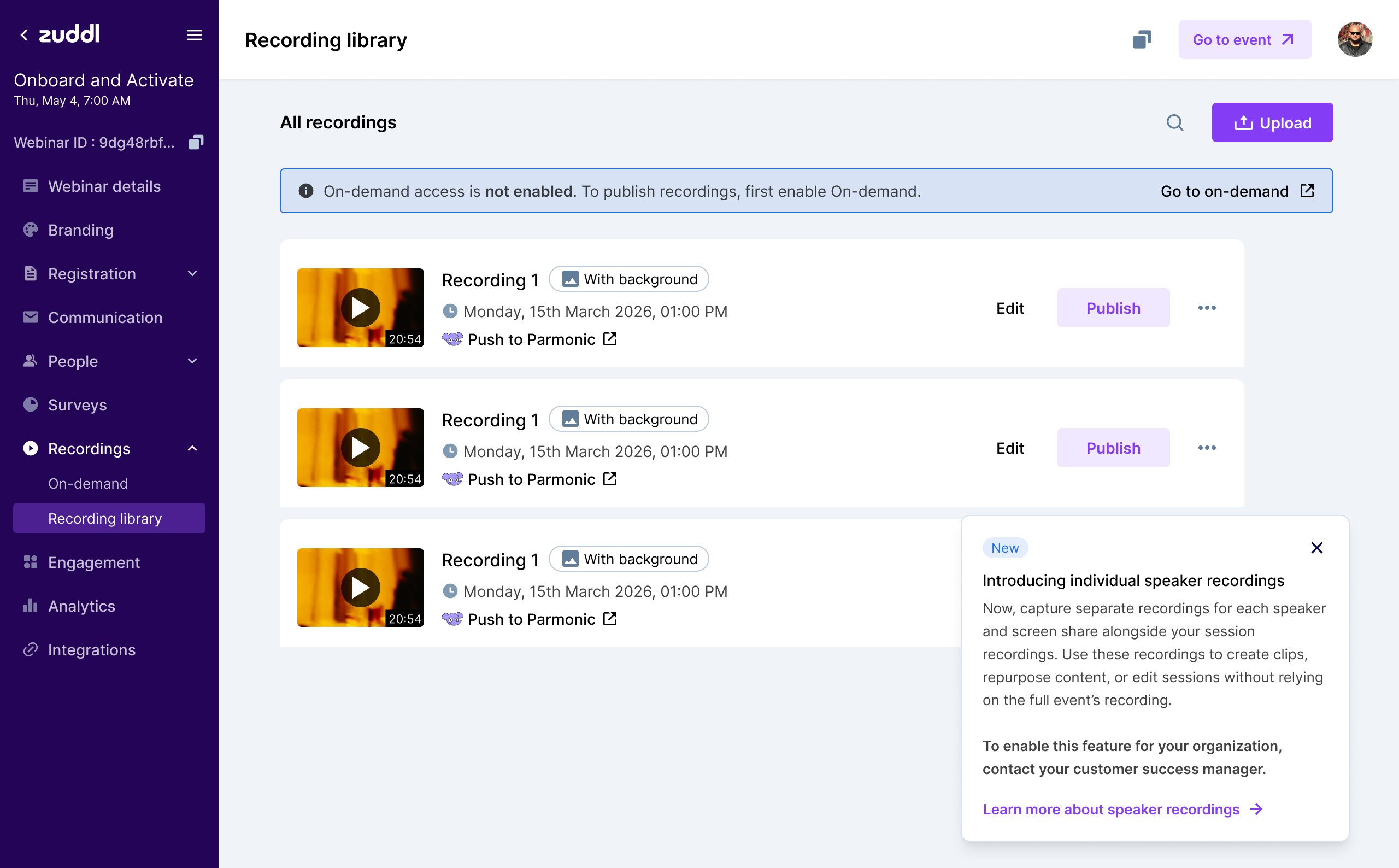 One-time tooltip introducing Individual Speaker Recordings