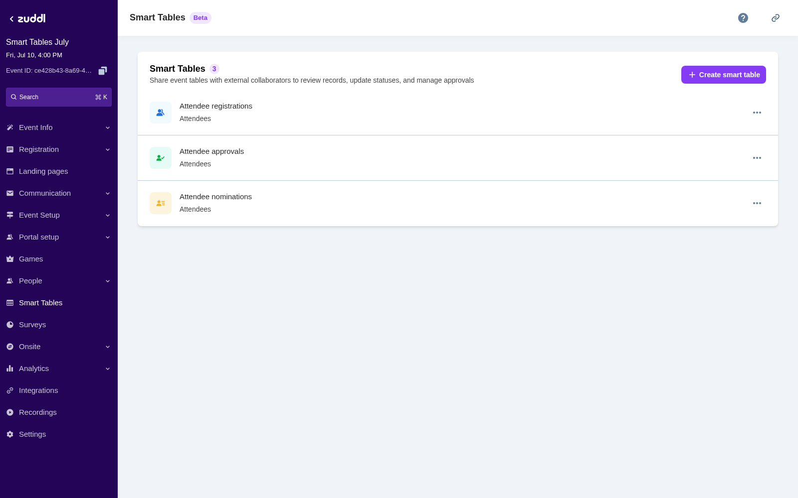 Smart Tables section in the event setup sidebar showing the three table types: Attendee registrations, Attendee approvals, and Attendee nominations