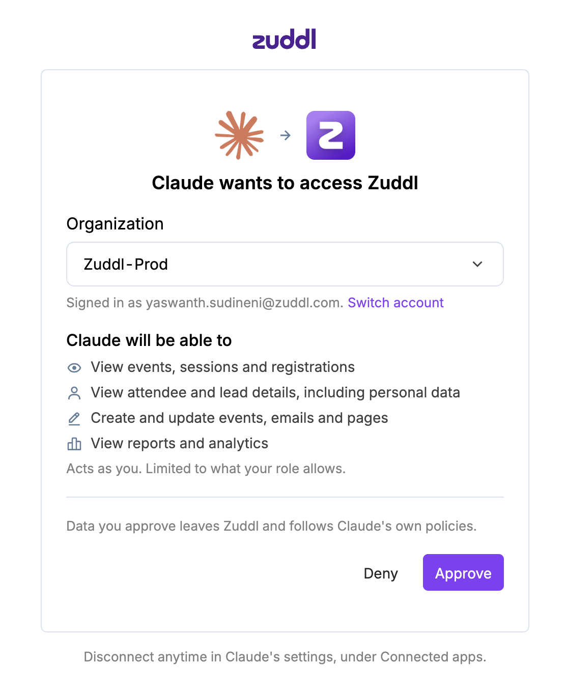 Zuddl authorisation screen