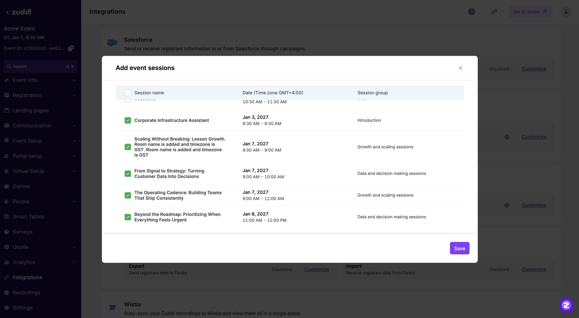 Add event sessions dialog with sessions selected Add event sessions dialog with sessions selected