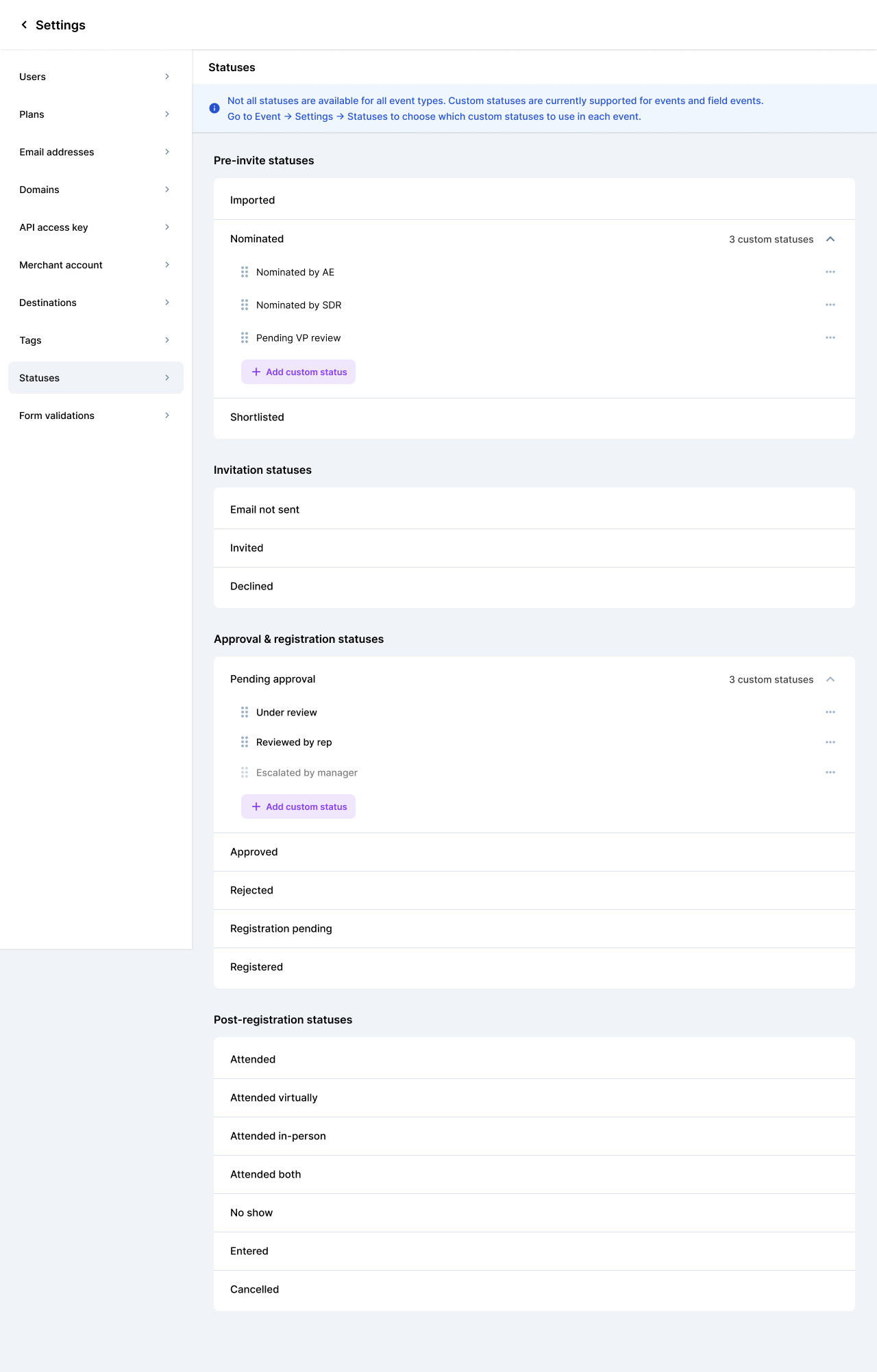 Adding a custom status in Settings > Statuses Settings > Statuses page showing the + Add custom status option under Nominated and Pending approval