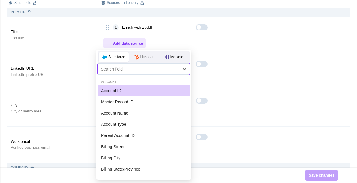 Add data source panel Add data source panel with Salesforce, Hubspot and Marketo tabs and a searchable list of CRM fields
