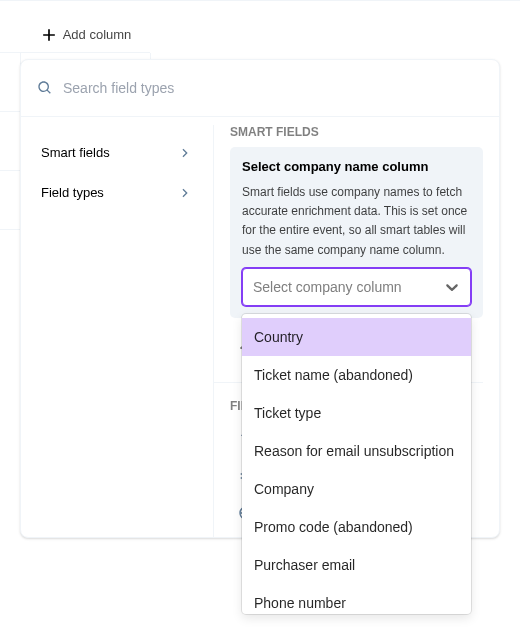 Choose the company name column Select company column dropdown listing the event's text and select columns