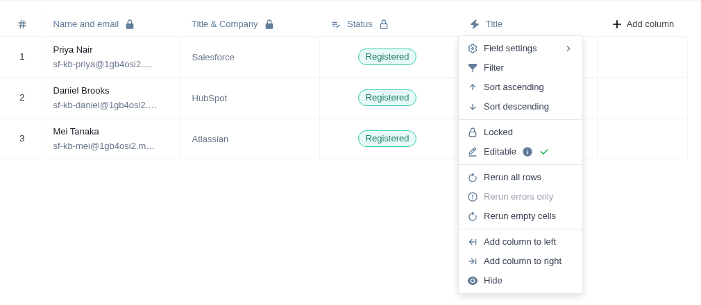 Rerun options for a smart field column Smart field column header menu with Rerun all rows, Rerun errors only and Rerun empty cells
