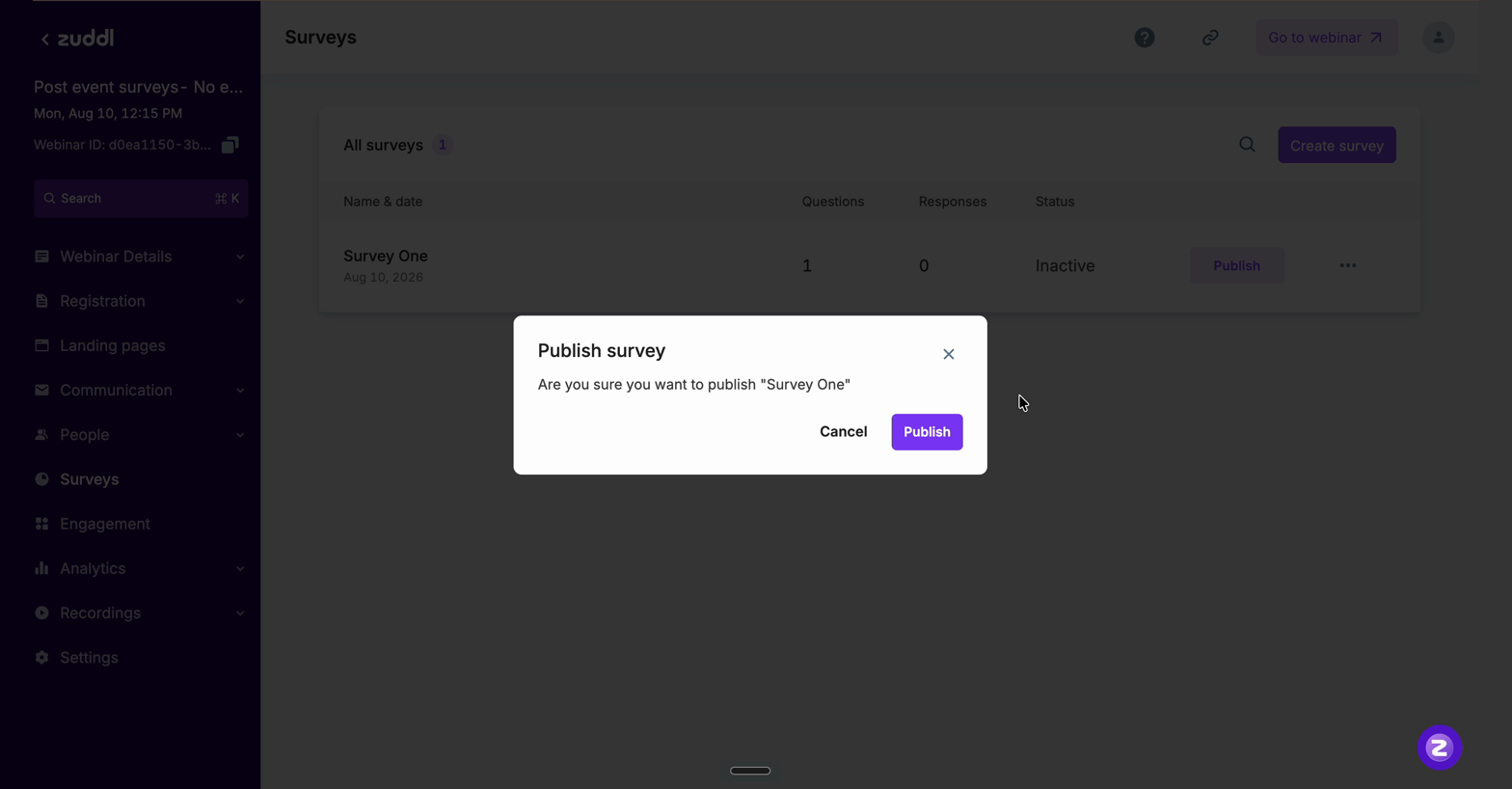 Publish survey confirmation dialog