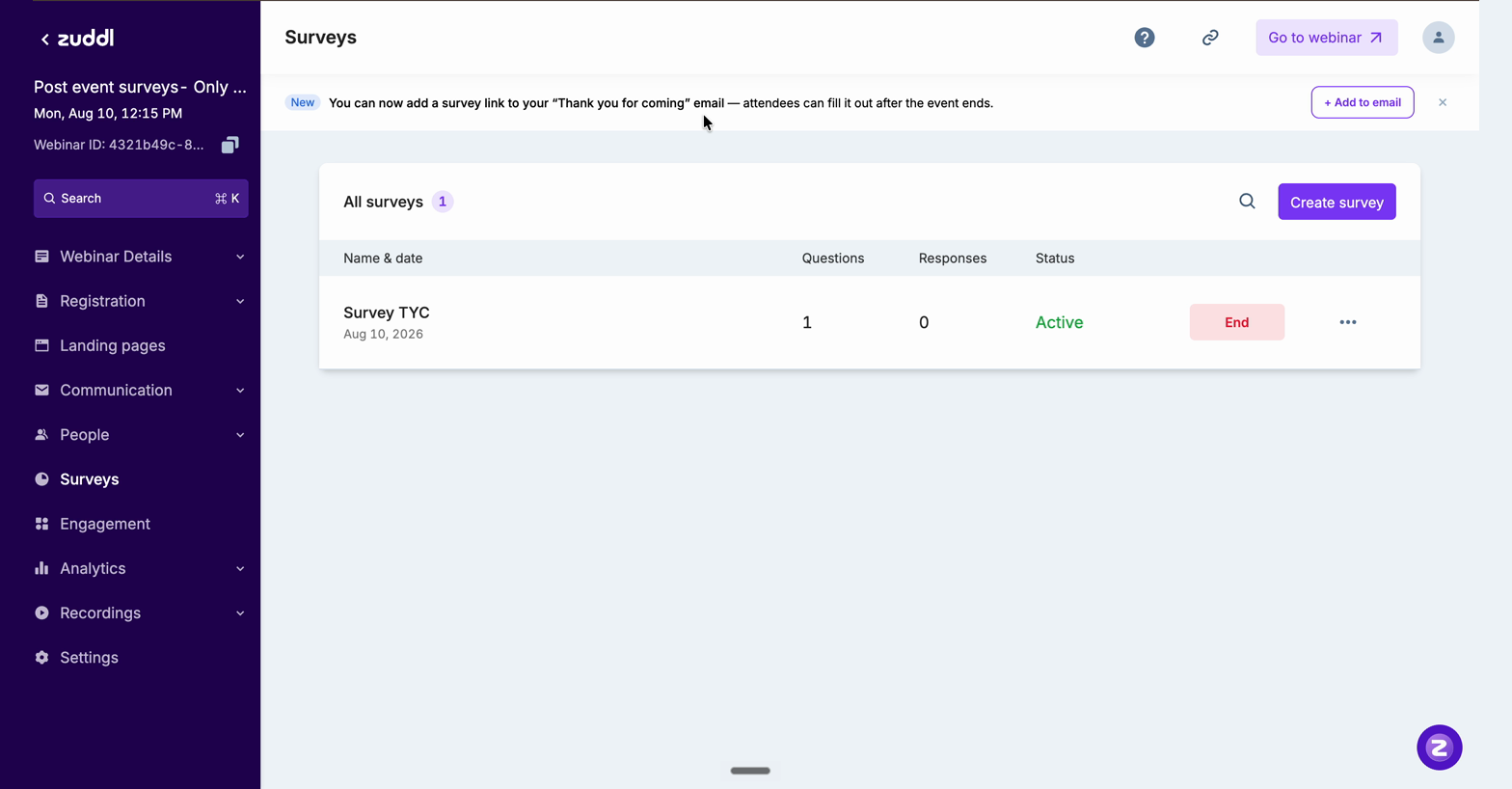 Banner offering Add to email when Thank you for coming is enabled
