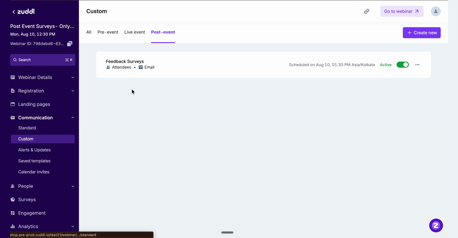 Custom communications list showing the named email