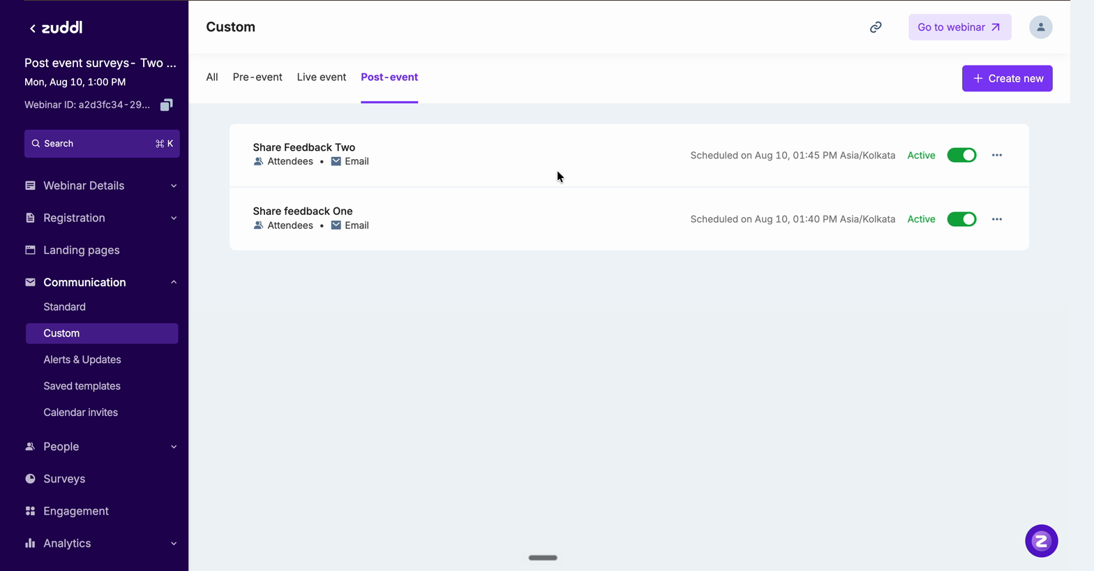 Custom communications list with several post-event emails