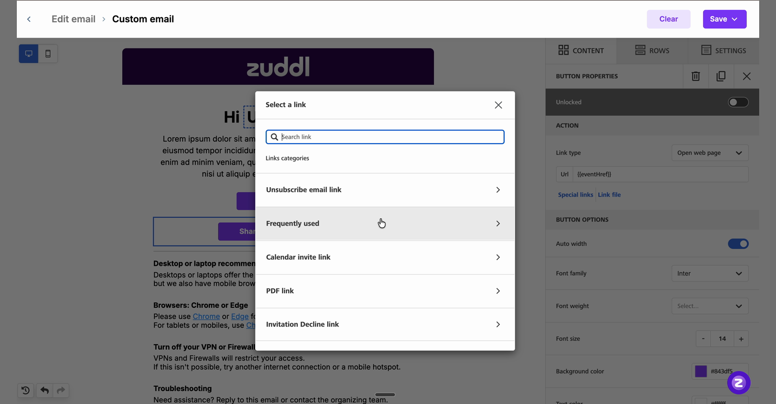 Special links picker showing Frequently used under Links categories