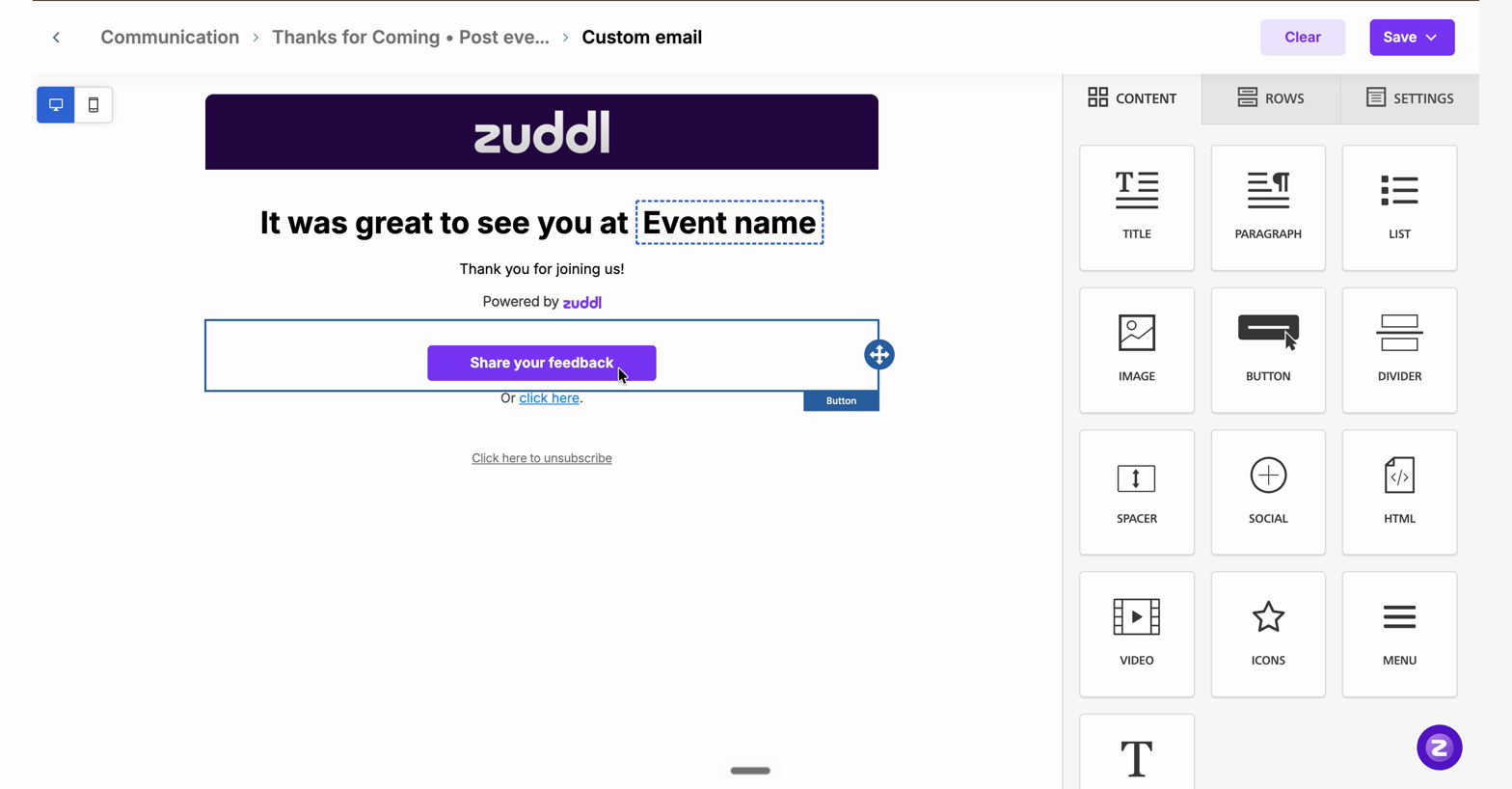 Email preview showing the Share your feedback button and Or click here link