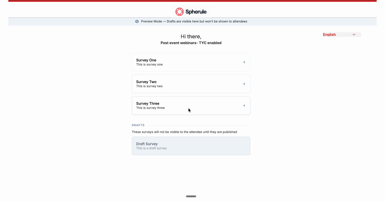 Preview of the recipient landing page showing published and draft surveys