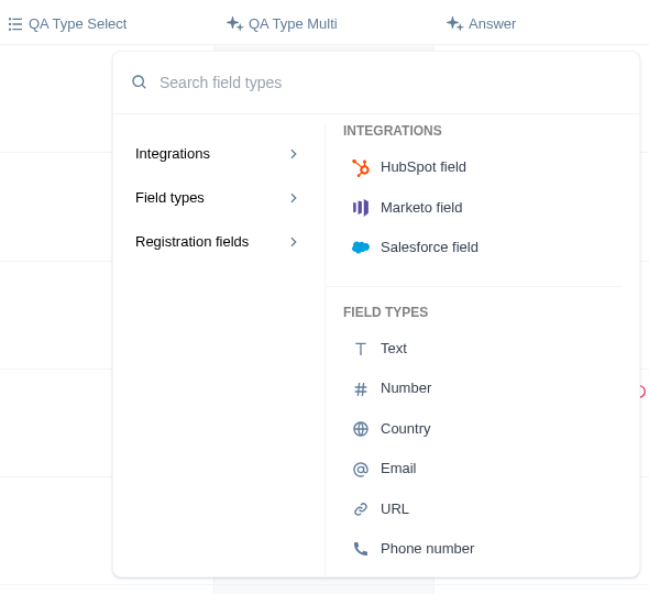 Add column panel showing the available field types