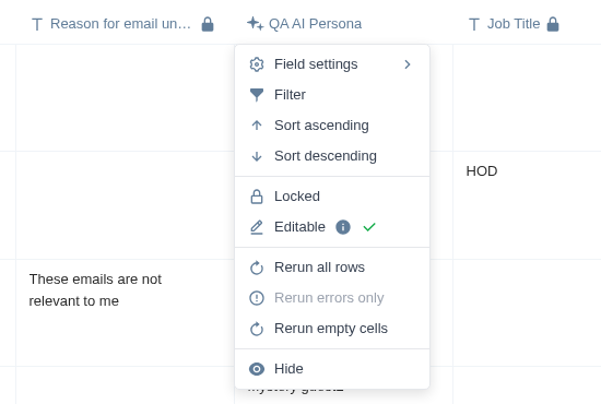 Column menu with Field settings and the rerun options