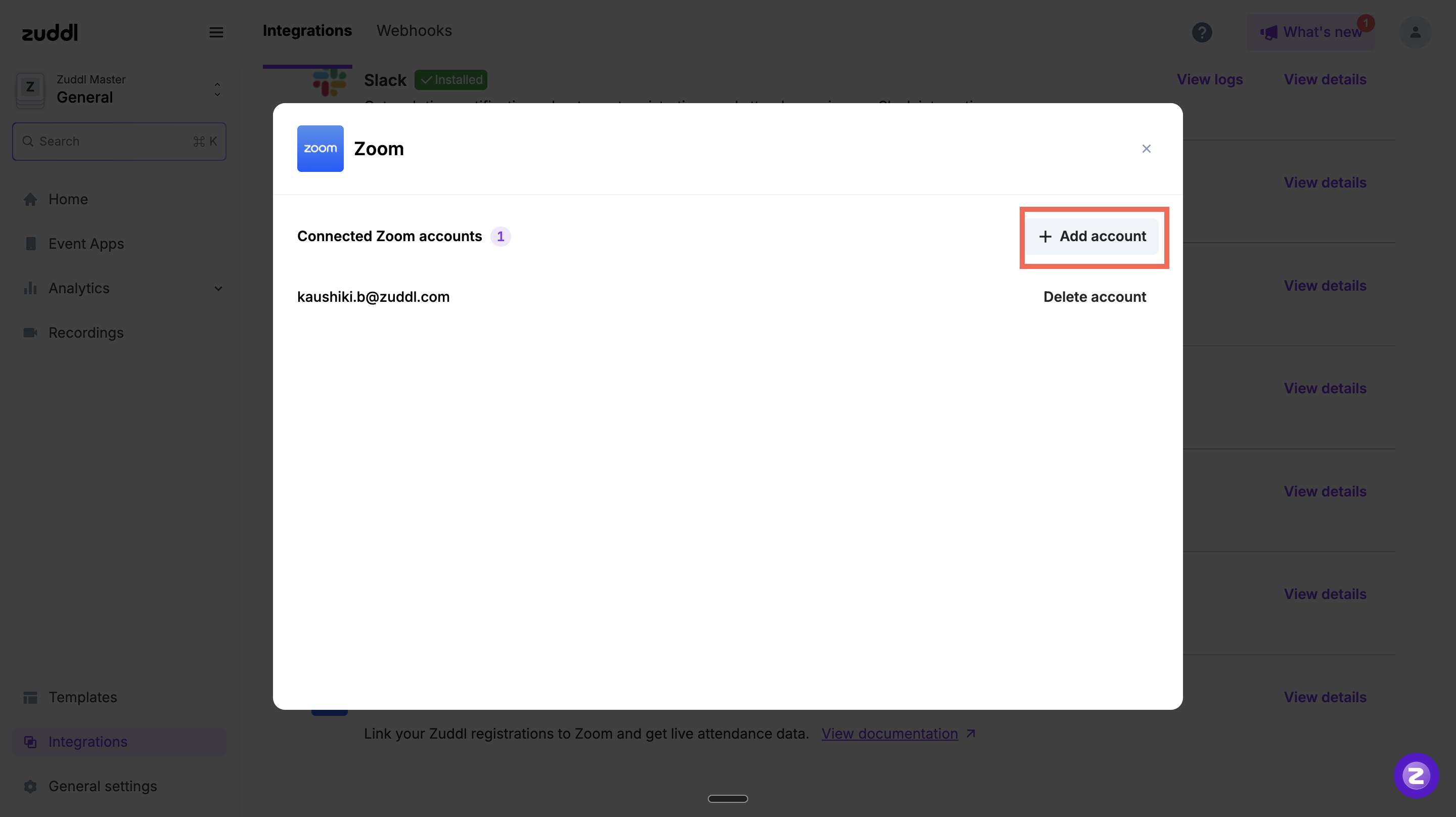 Organization Settings > Integrations > Zoom showing connected accounts with the + Add account button