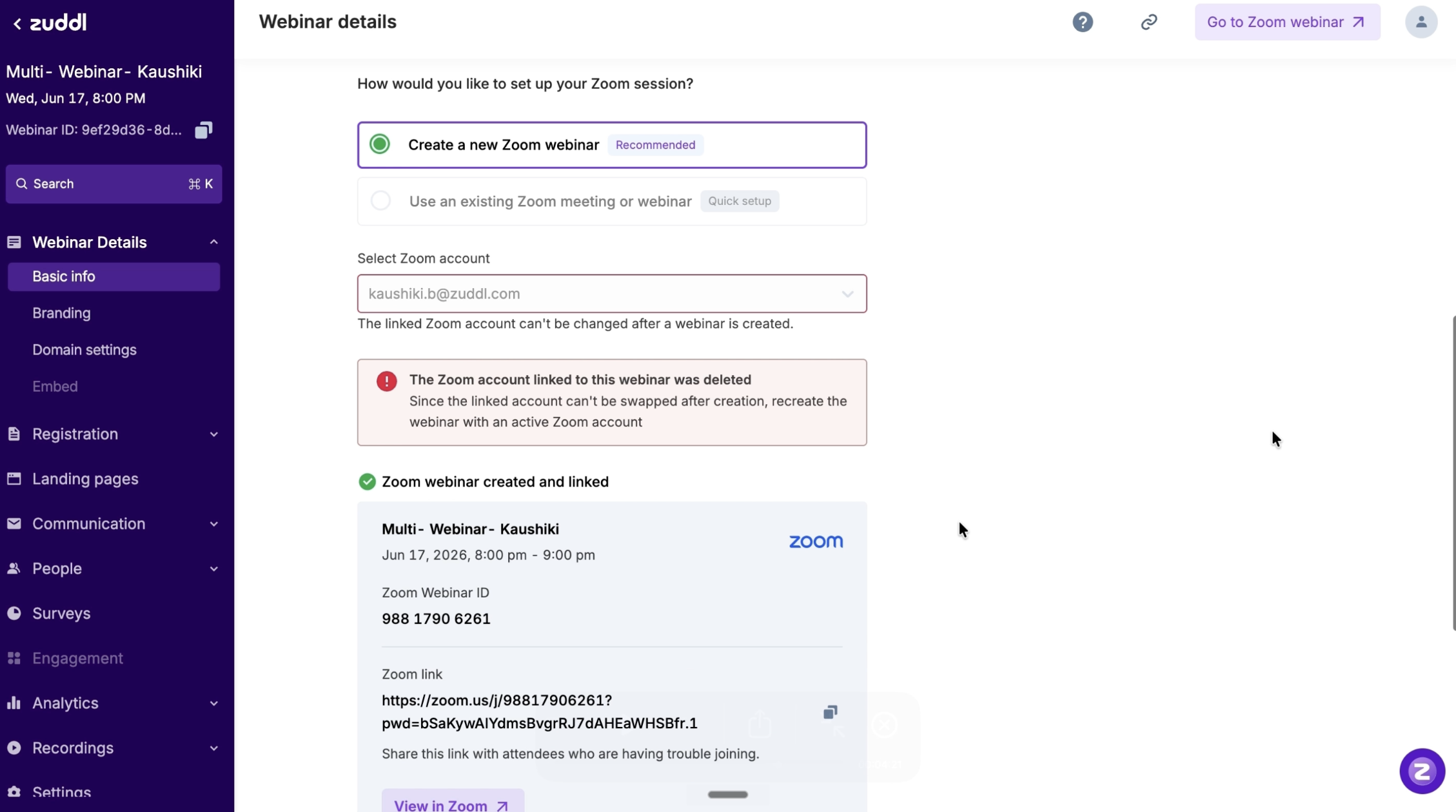 Upcoming webinar setup page showing a banner that the linked Zoom account was deleted and the webinar must be recreated