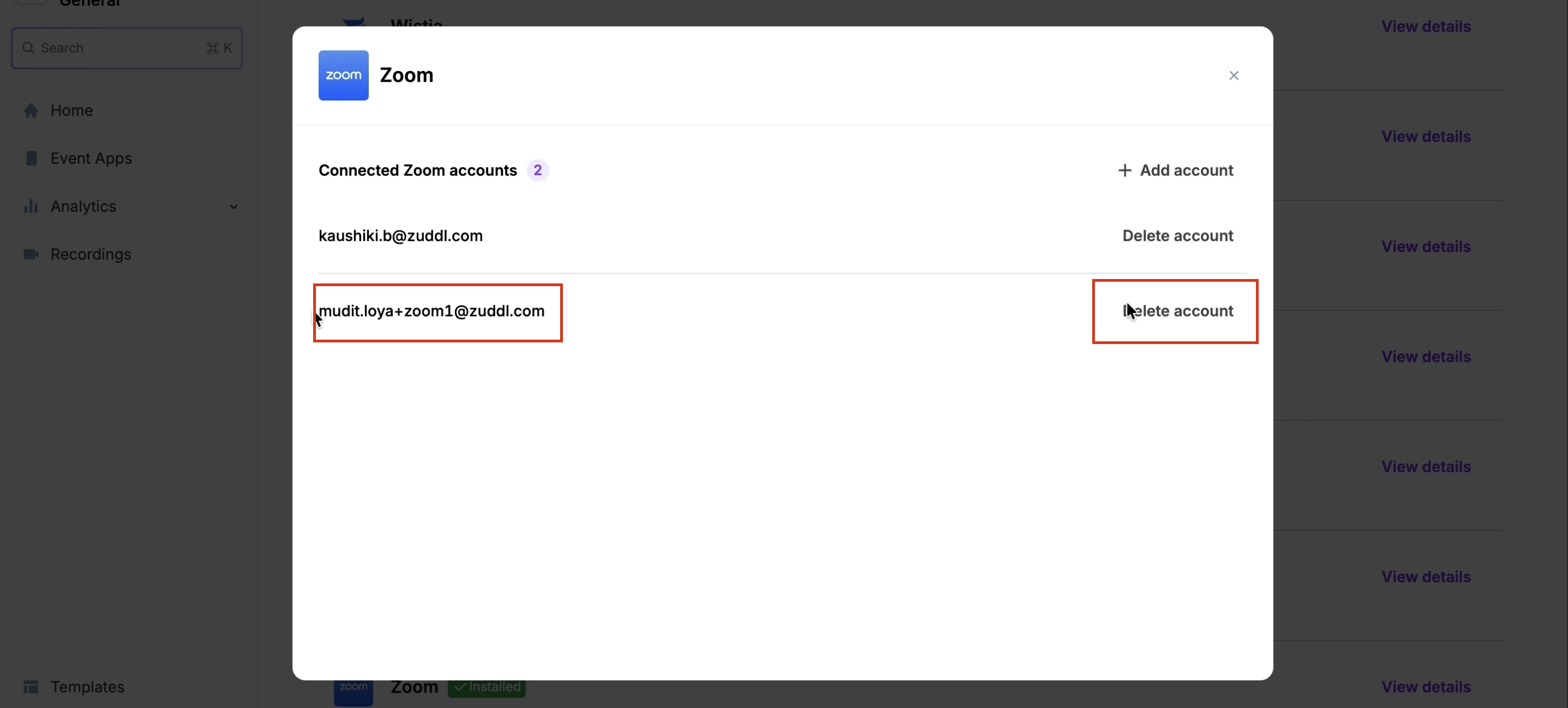 Zoom integrations list showing two connected accounts by email with the Delete account action