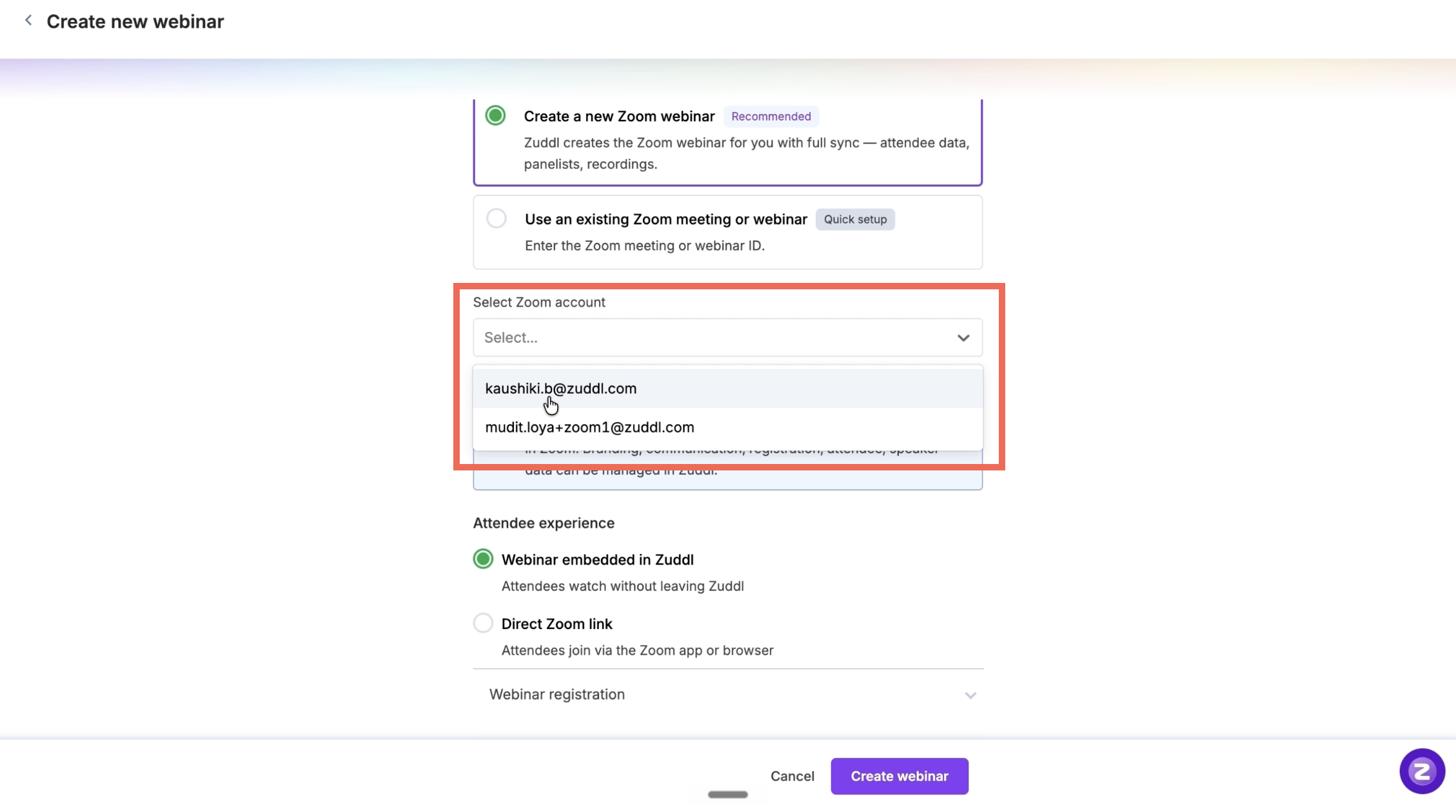 The Select Zoom account dropdown on the Create new webinar form listing the connected accounts