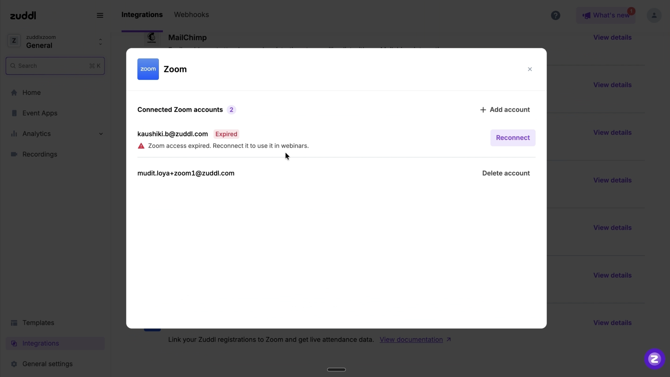 Org Settings > Integrations > Zoom showing an account marked Expired with a Reconnect button