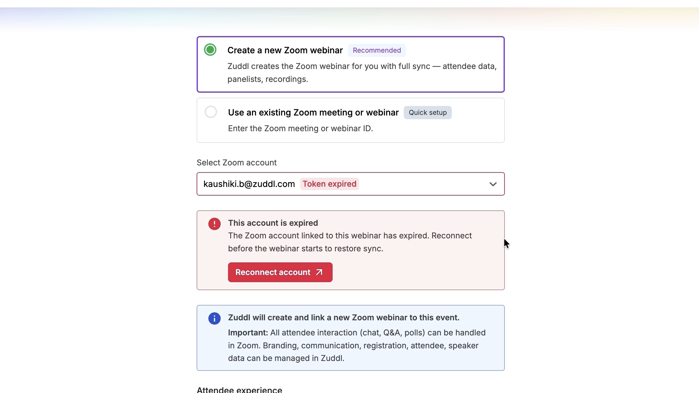 The Create new webinar form with a Token expired account and a This account is expired box with a Reconnect account button