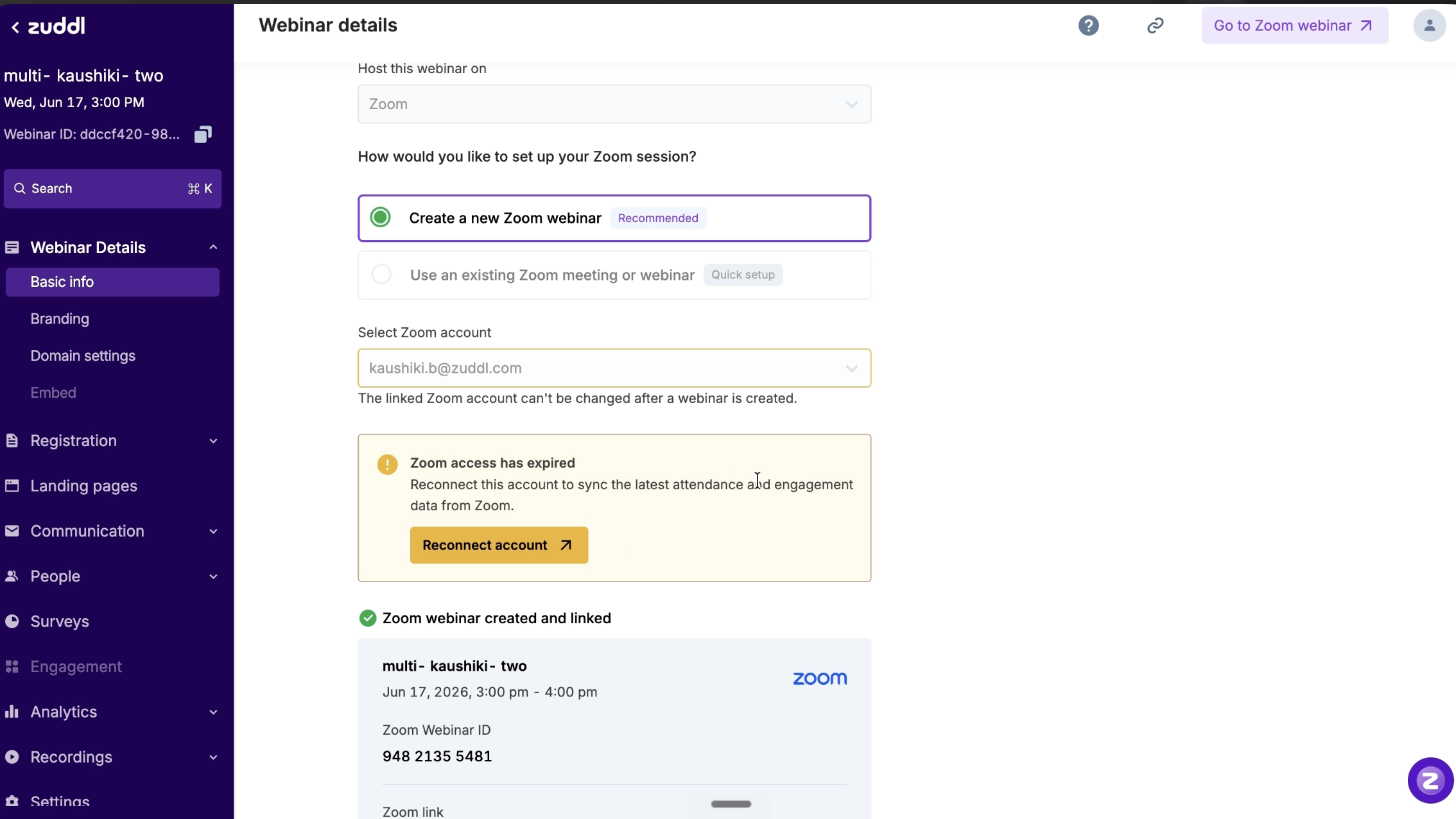 Webinar setup page showing an informational banner that the linked Zoom account has expired