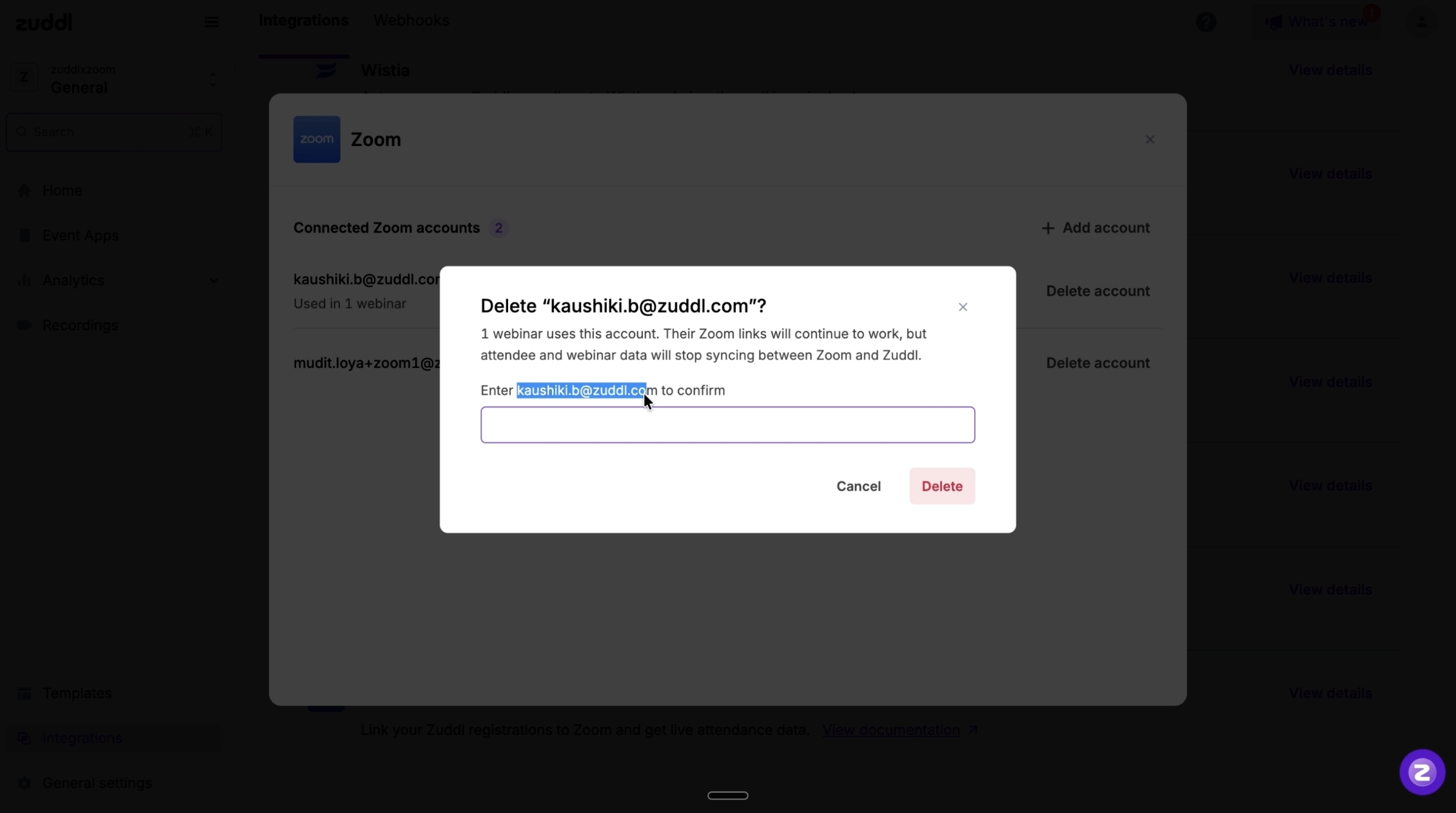 Delete account confirmation modal on Org Settings warning that one webinar uses the account and syncing will stop