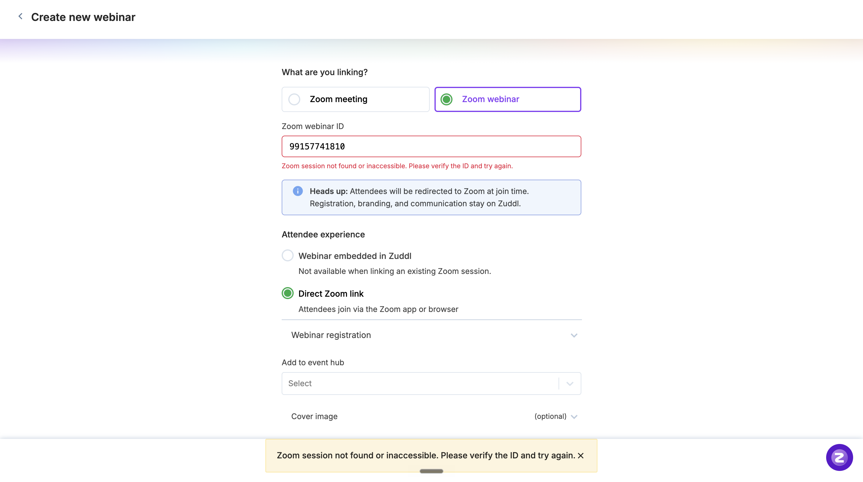 Zuddl validates the Zoom ID and type, showing an error when the selected type and ID do not match Zuddl validates the Zoom ID and type, showing an error when the selected type and ID do not match
