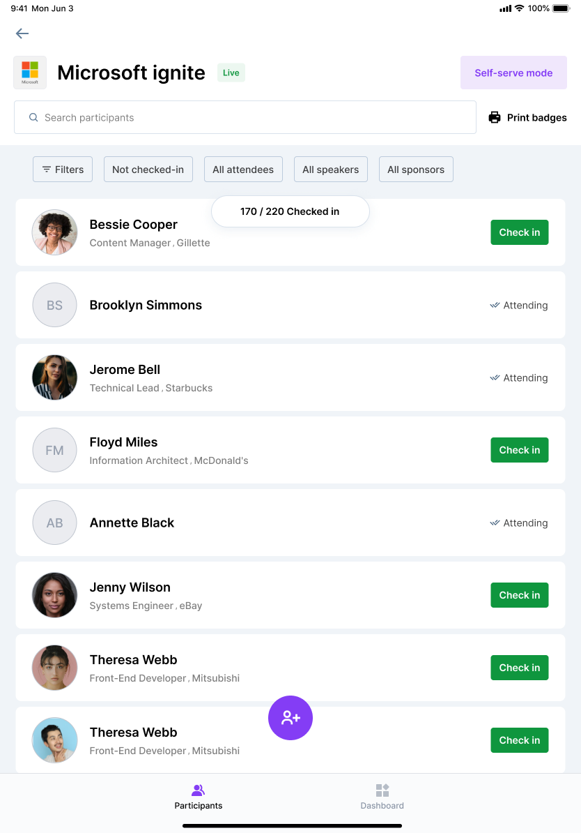Attendee list — tap Print badges to begin