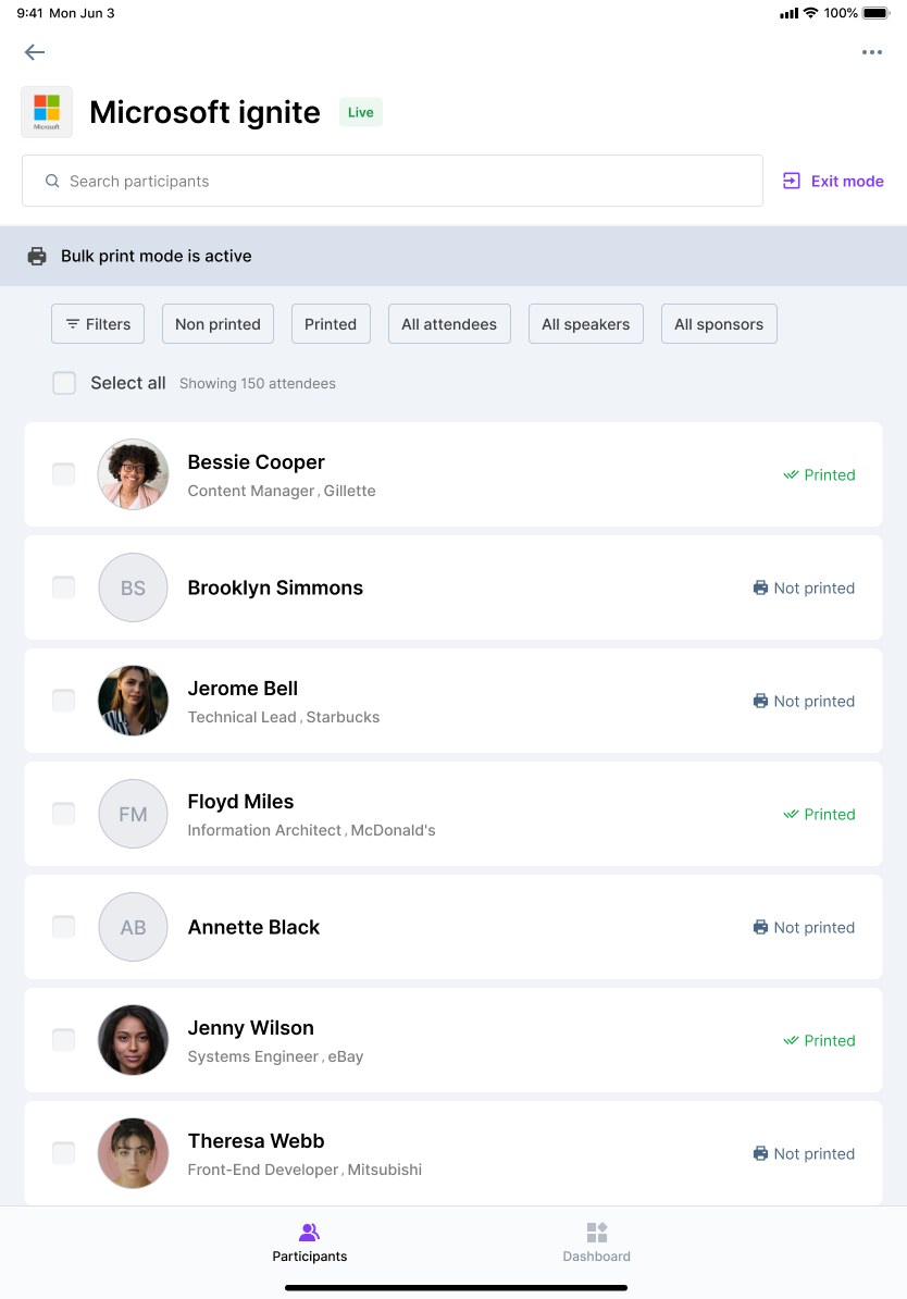 Bulk print mode active with selection and print-status filters