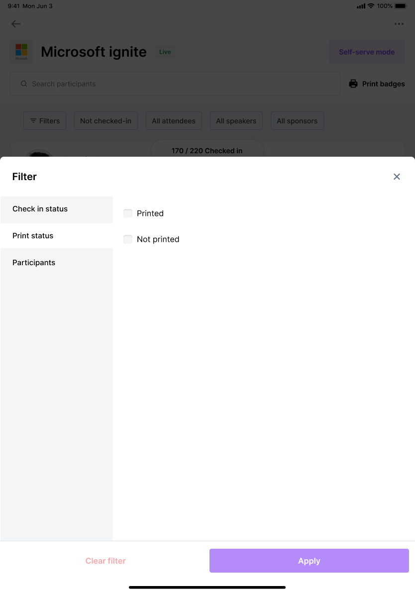 Filter by check-in status or print status