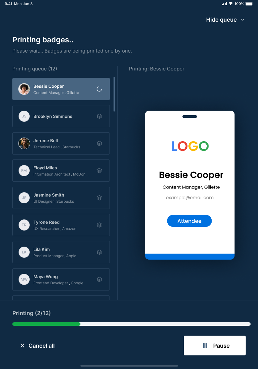 Full-screen printing — queue, live badge and progress