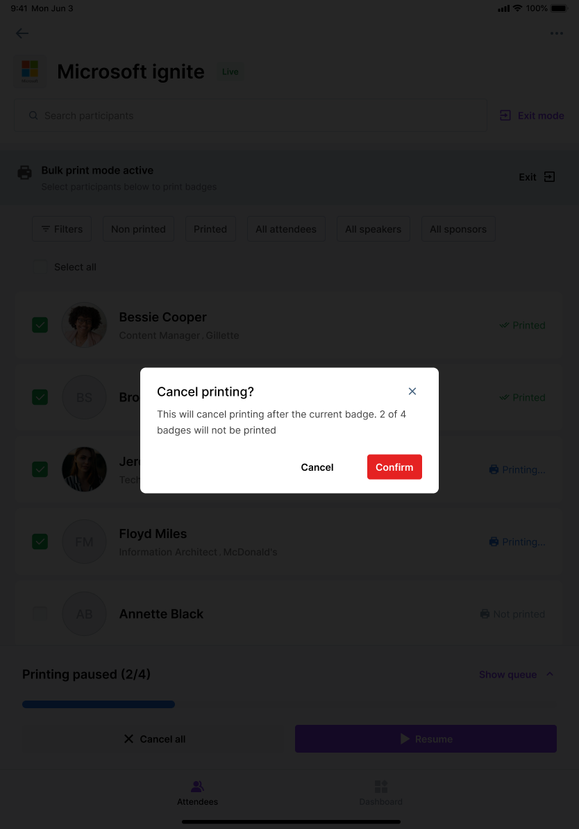 Cancel confirmation — stops after the current badge