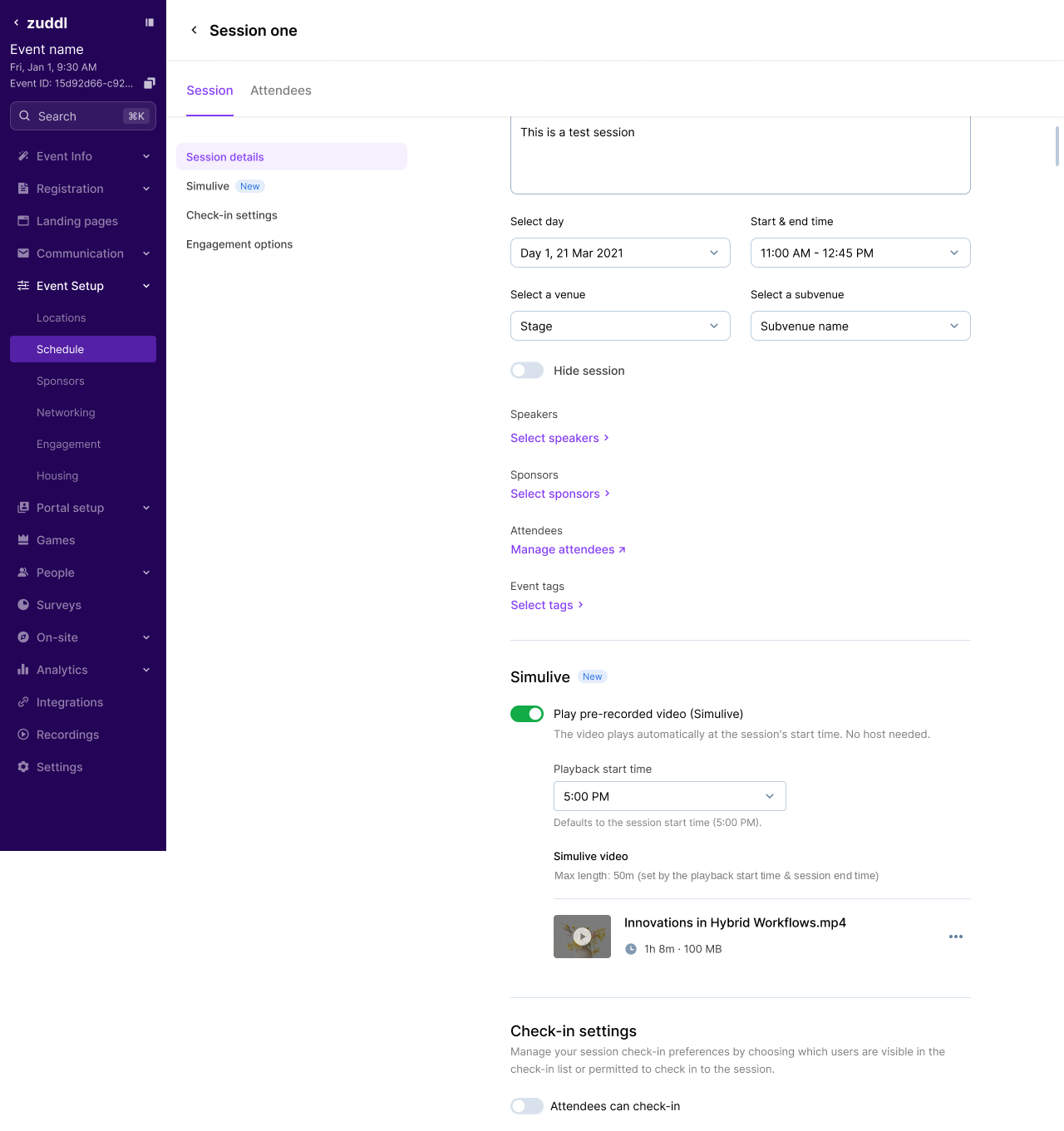 Uploaded Simulive video showing file name, duration, and size