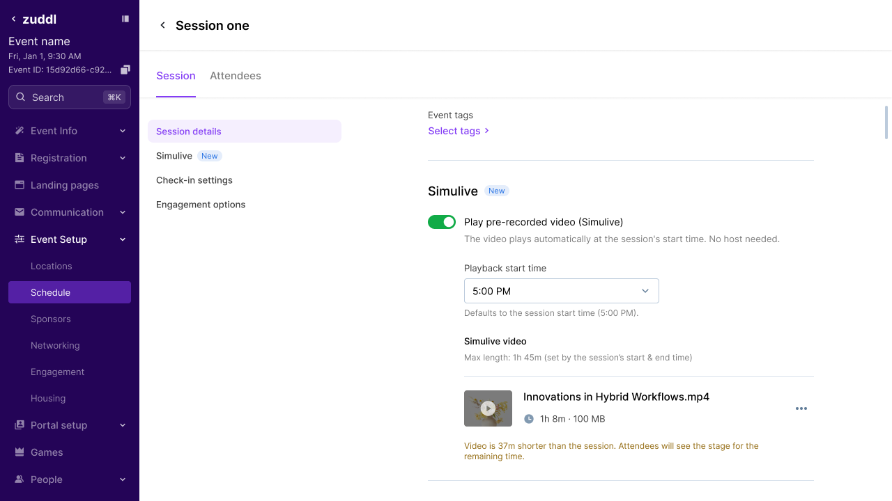 Inline warning that the video is shorter than the session