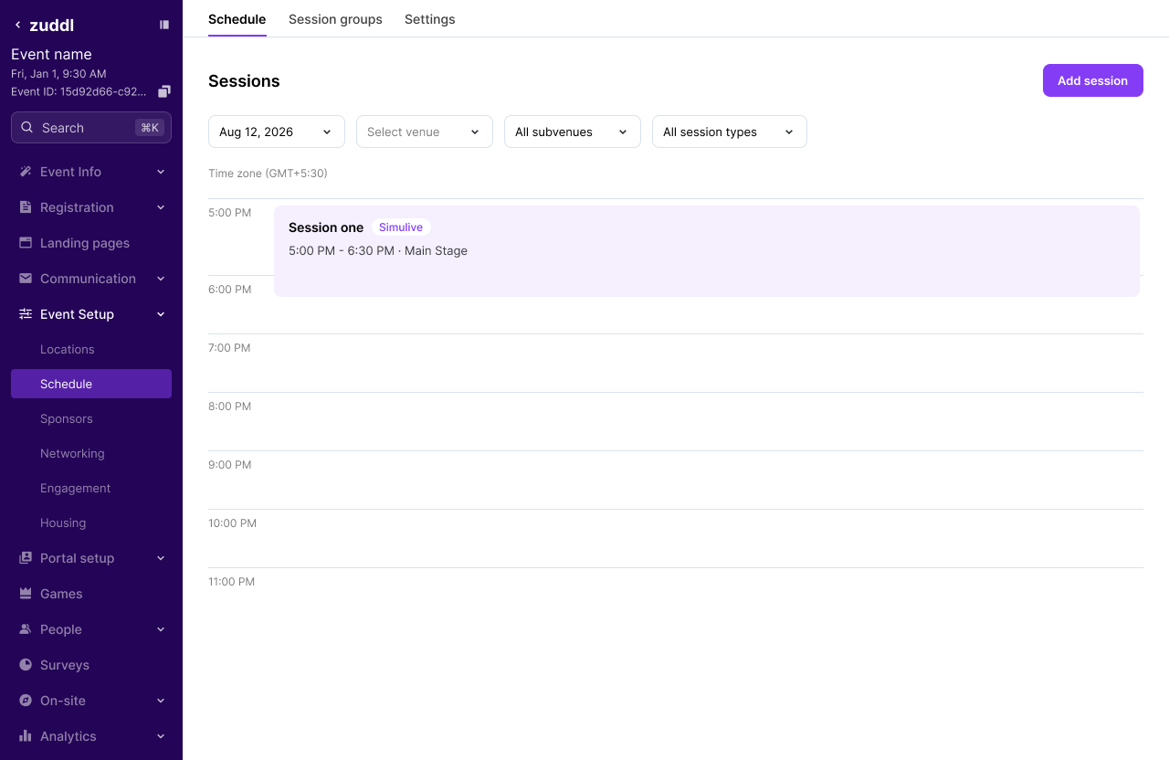 Schedule view showing a session with the Simulive badge