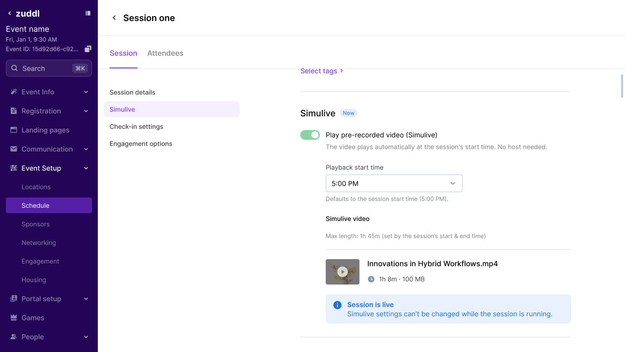 Simulive settings locked while the session is live
