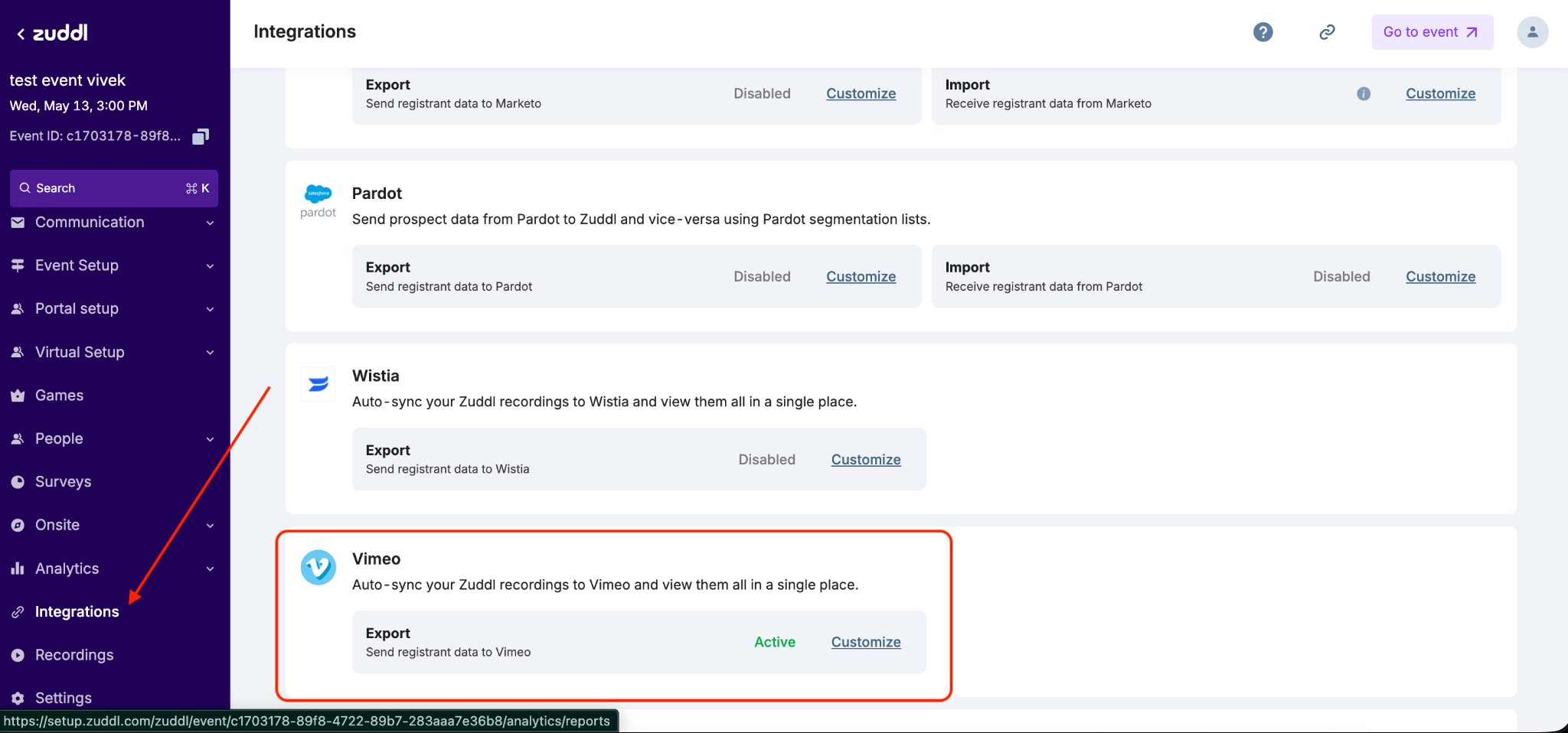 Vimeo card in event-level Integrations Event-level Integrations page showing the Vimeo card with the Export row and Customize link
