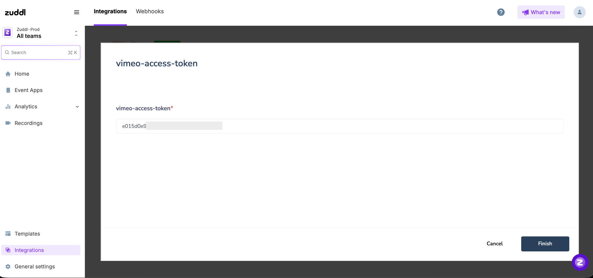 Add the Vimeo access token in Zuddl Zuddl dialog with the vimeo-access-token field and the Finish button