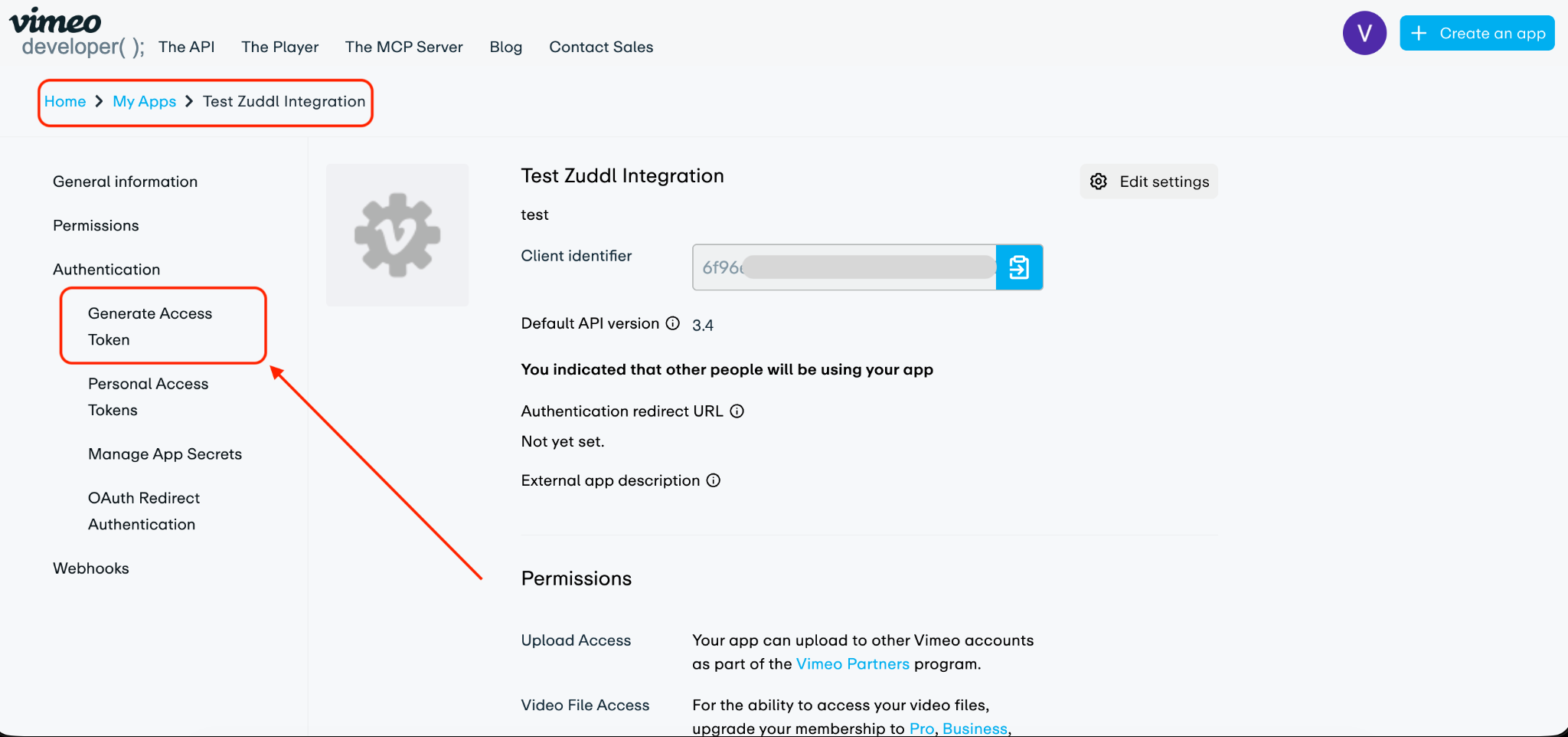 Generate a Personal Access Token Vimeo app page showing Generate Access Token and Personal Access Tokens in the Authentication menu