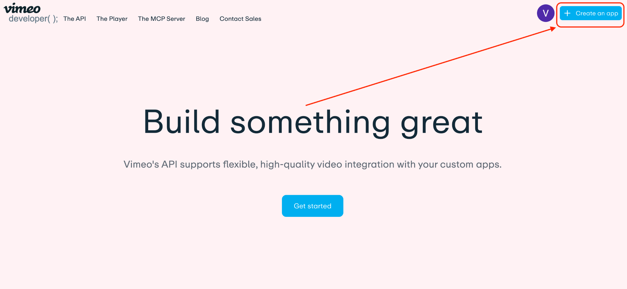 Create a Vimeo app Vimeo developer portal with the Create an app button highlighted