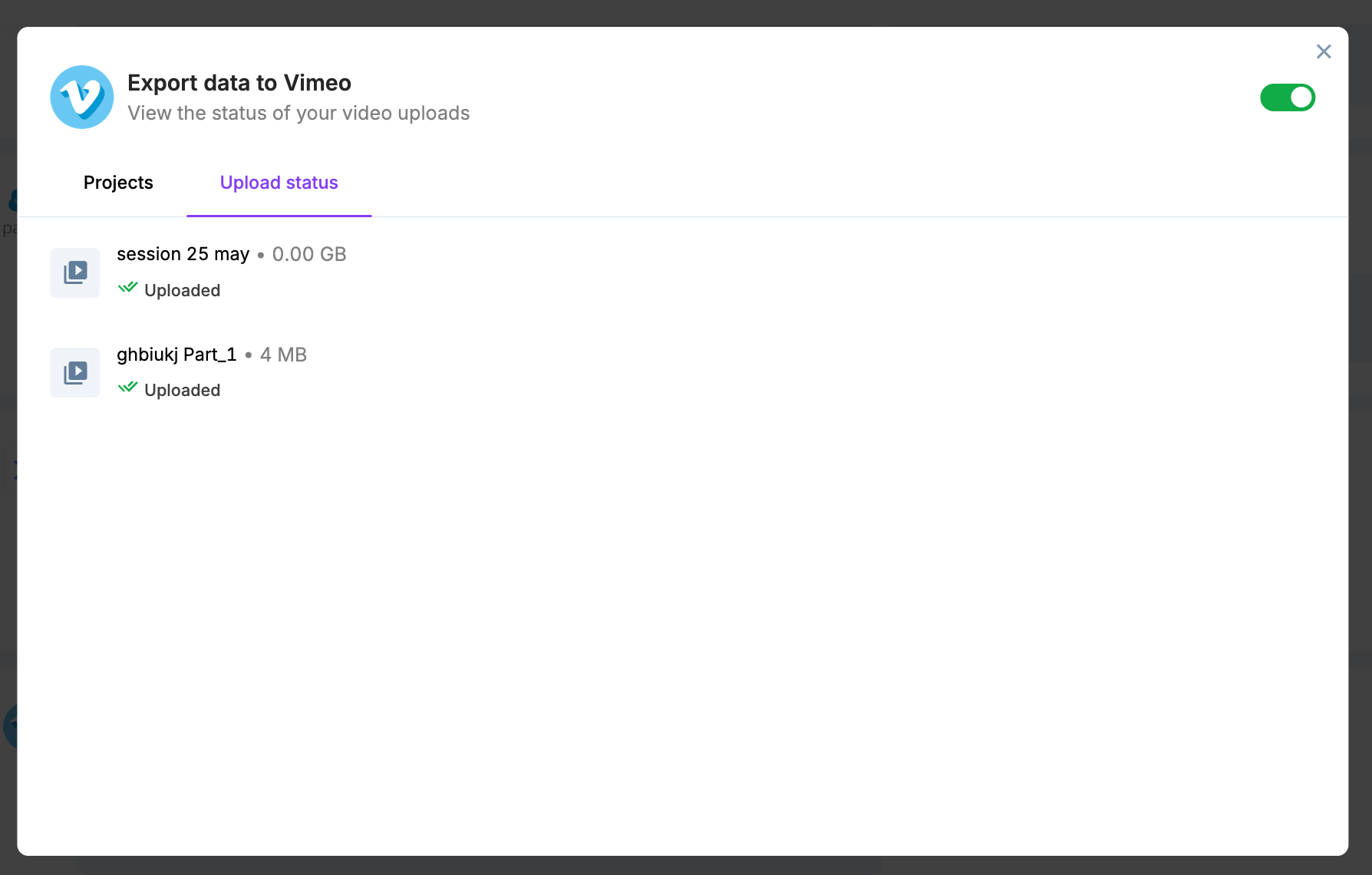 Upload status of synced recordings Upload status tab listing session recordings marked as Uploaded
