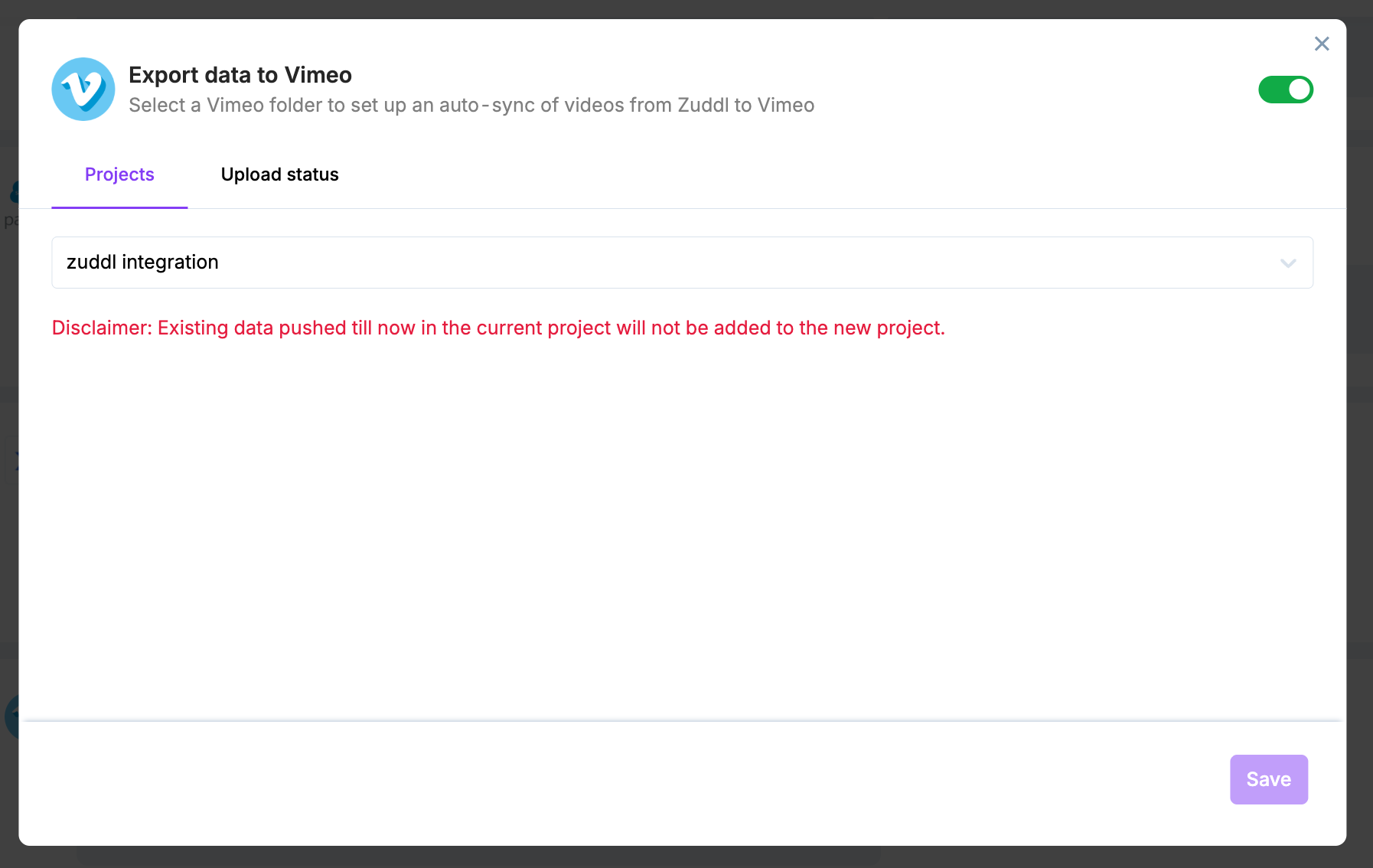 Select the Vimeo folder for the event Export data to Vimeo dialog on the Projects tab with a folder selected and the Save button