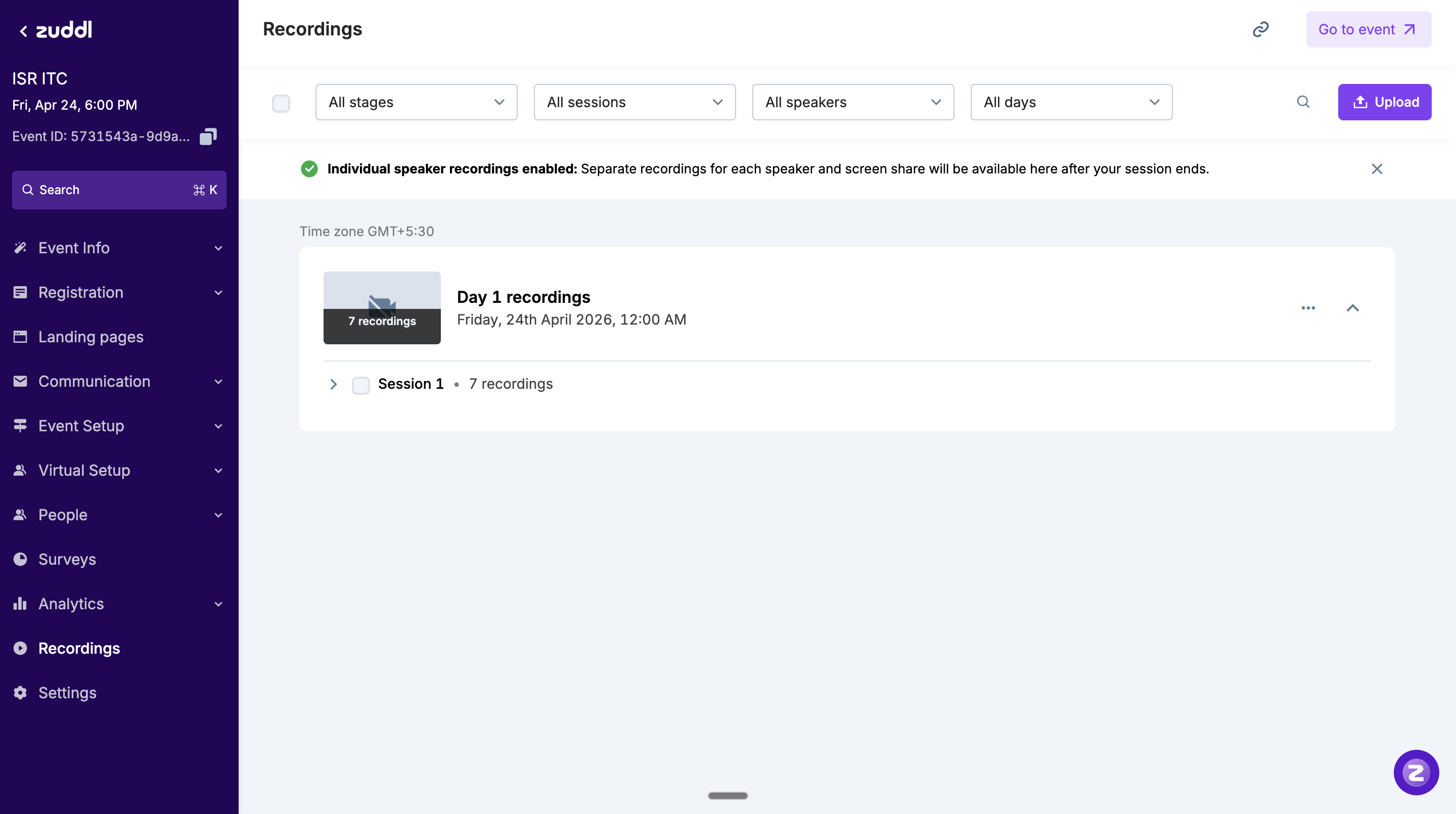 Recordings page showing day-level grouping with session breakdown and filters