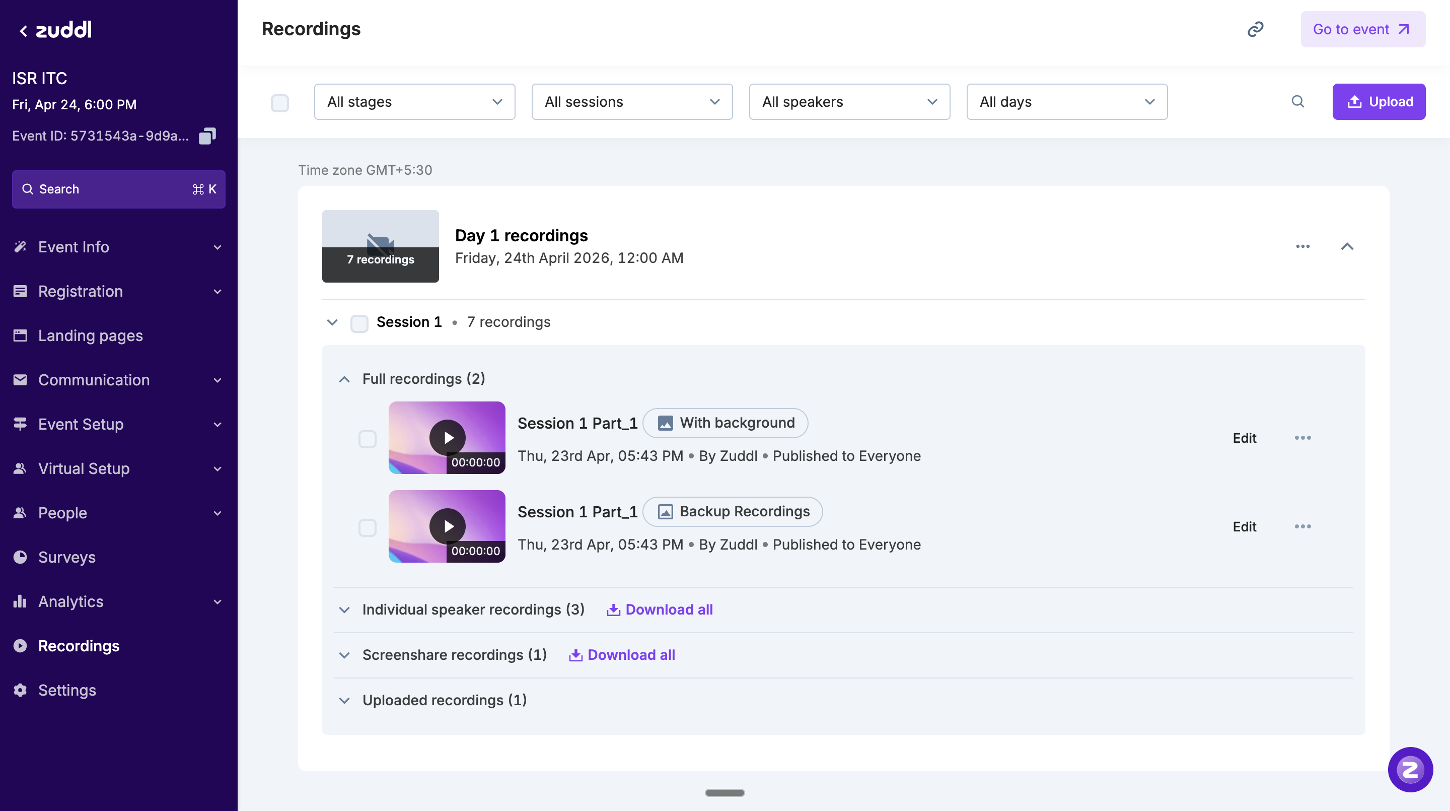 Expanded session showing full recordings, individual speaker recordings, screenshare recordings, and uploaded recordings
