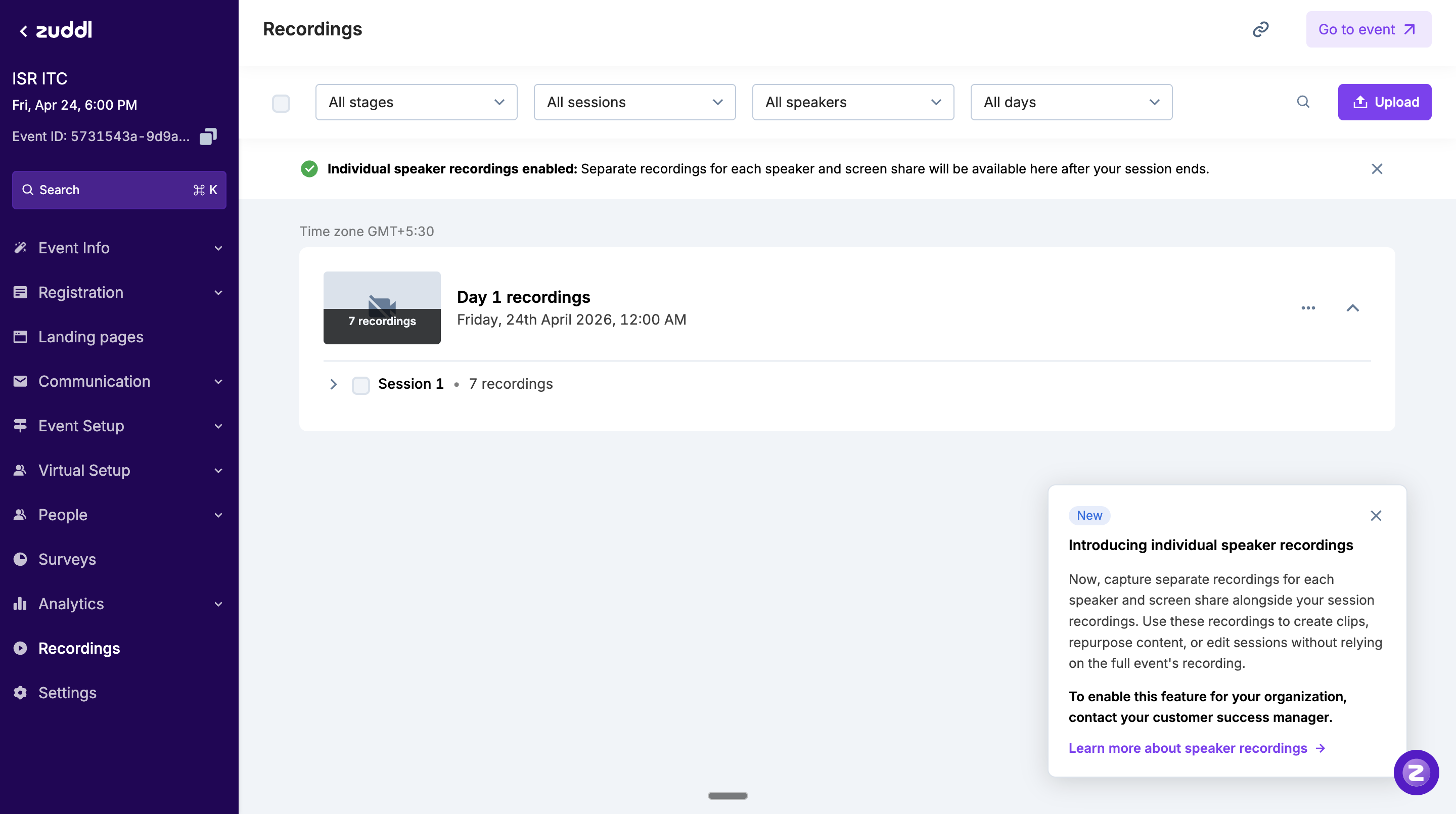 Recordings page with green banner and one-time tooltip