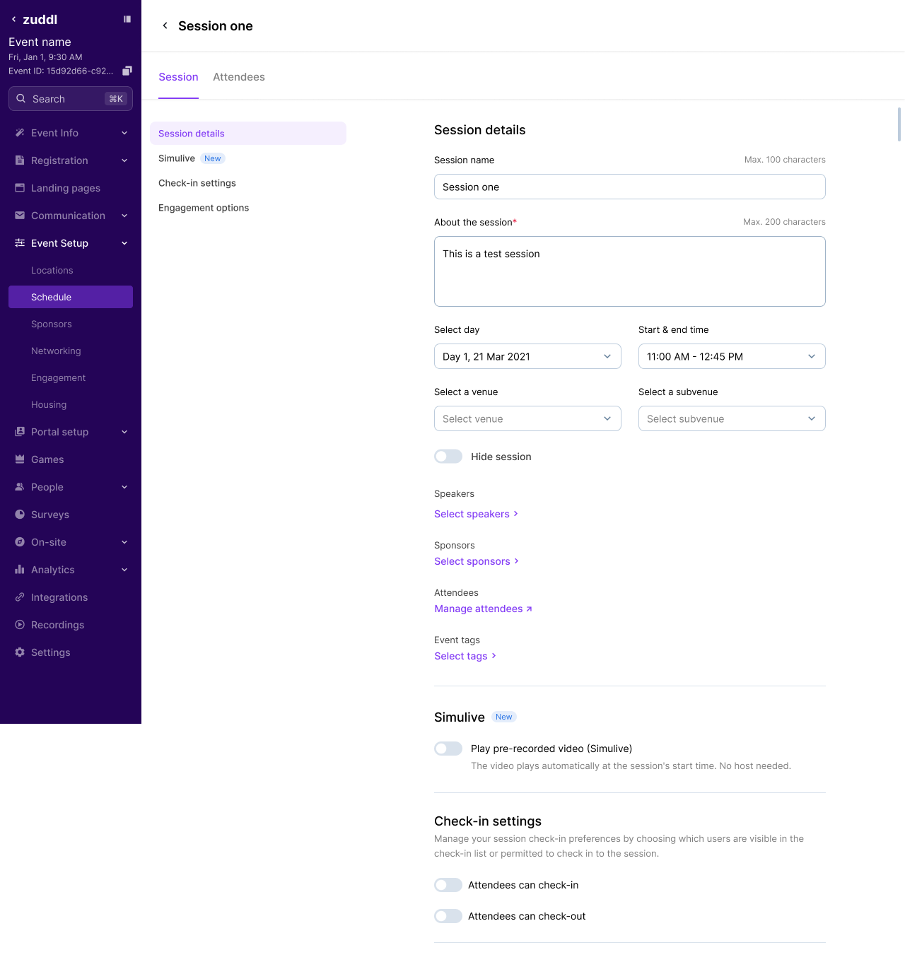 Simulive section in Session details with the toggle off