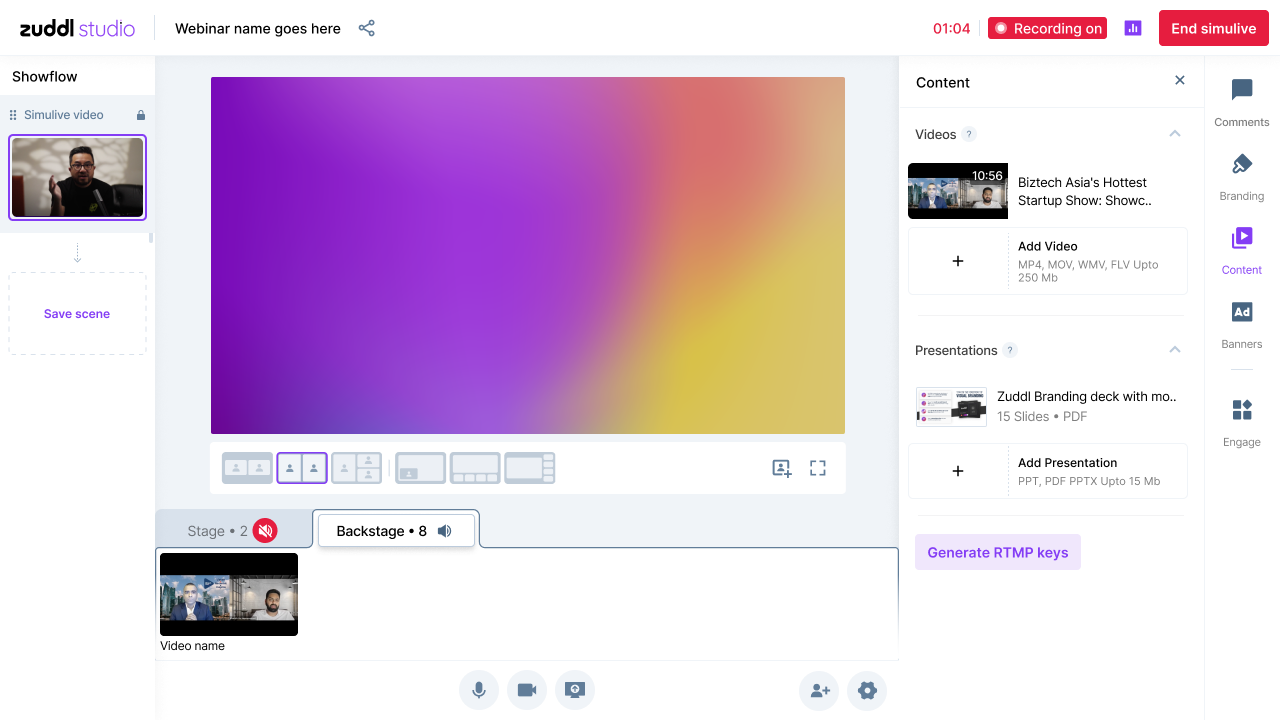 Studio during a running Simulive session, showing Recording on and the End simulive button Studio during a running Simulive session, showing Recording on and the End simulive button