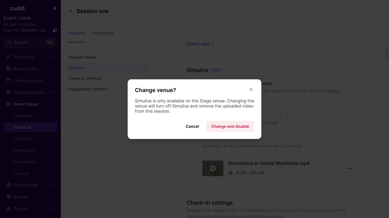 Change venue confirmation warning that Simulive will be disabled Change venue confirmation warning that Simulive will be disabled