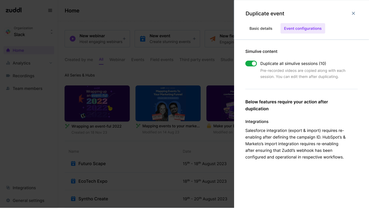 Duplicate event panel showing the Simulive content option Duplicate event panel showing the Simulive content option