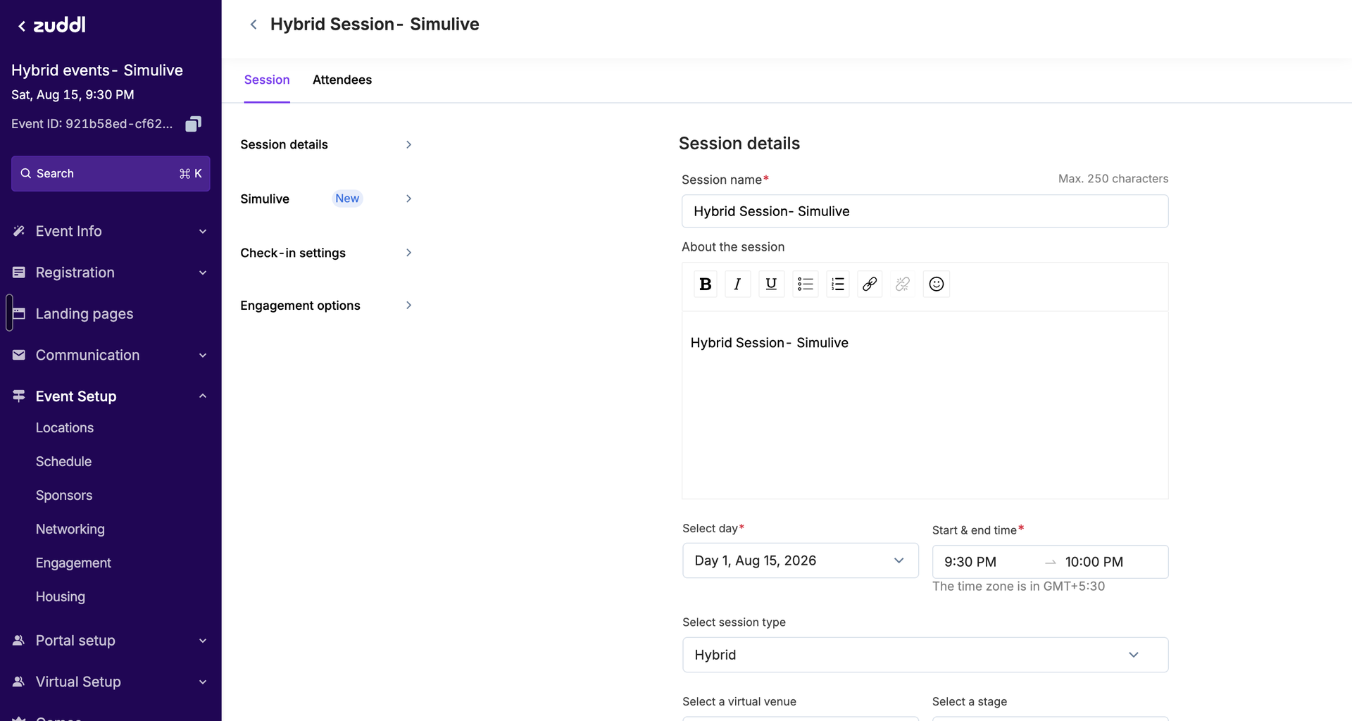Session details in a hybrid event showing session type and virtual venue fields Session details in a hybrid event showing session type and virtual venue fields